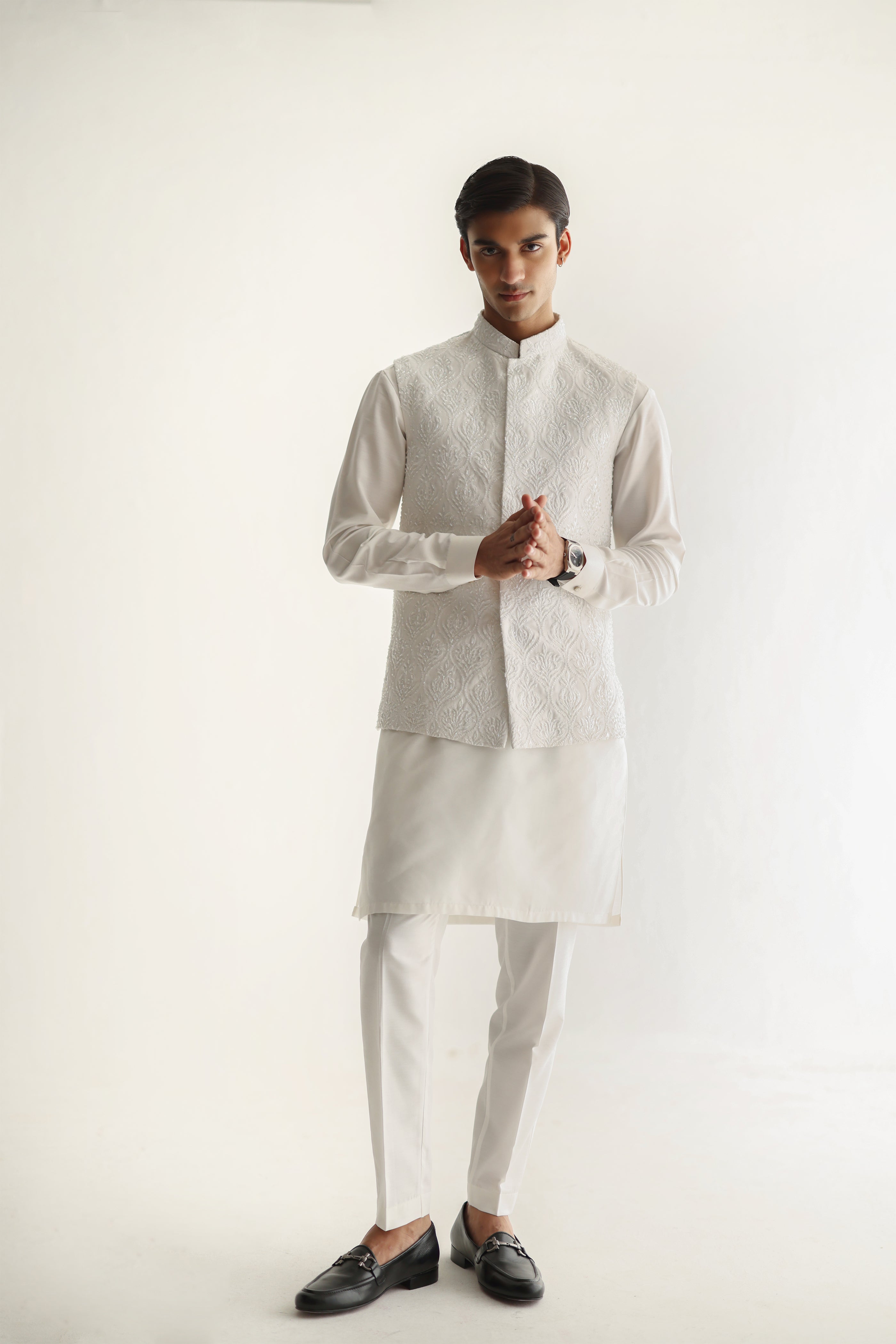 WHITE EMBOSSED WAIST COAT Humayunalamgir