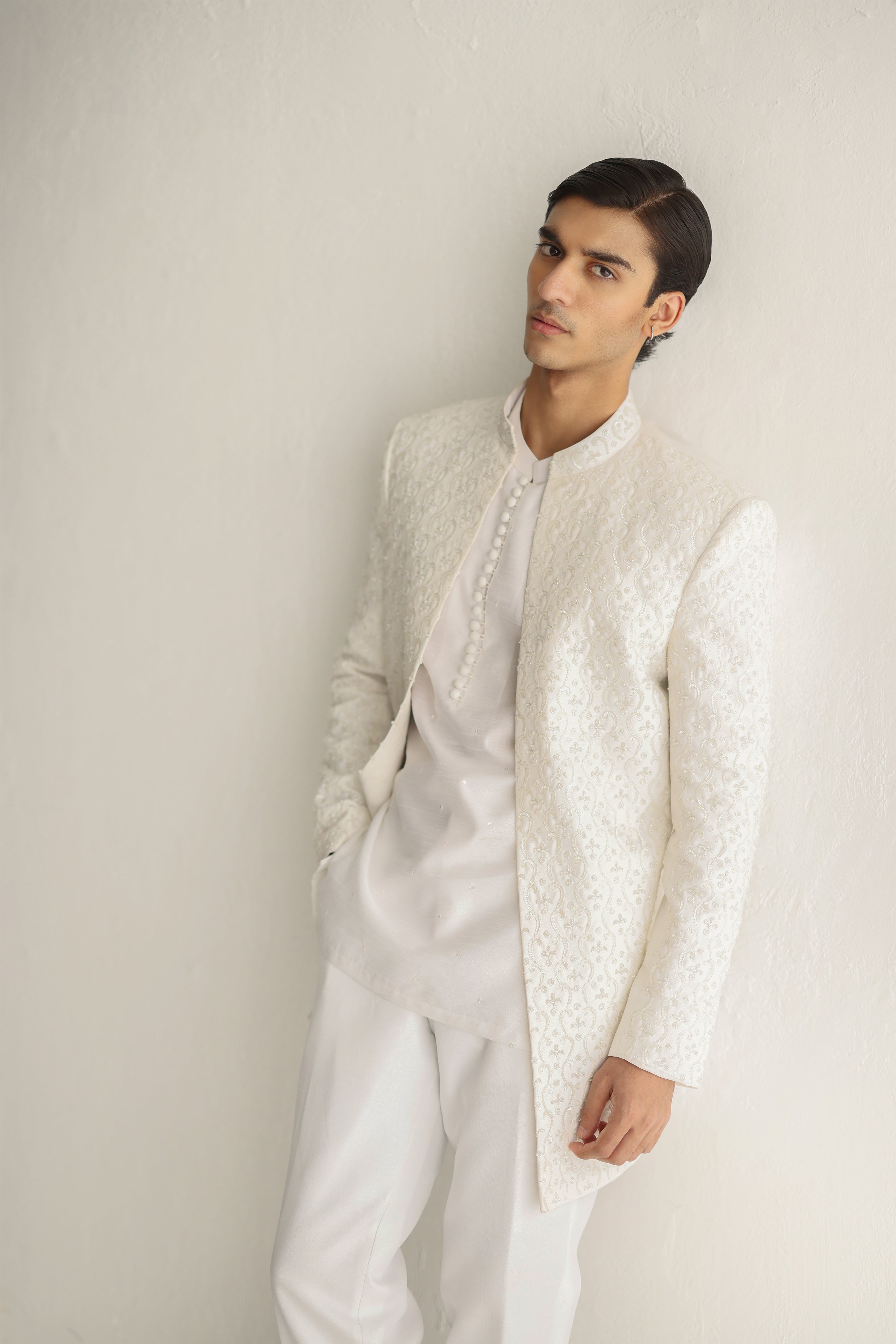 WHITE EMBOSSED FRONT OPEN SHERWANI Humayunalamgir