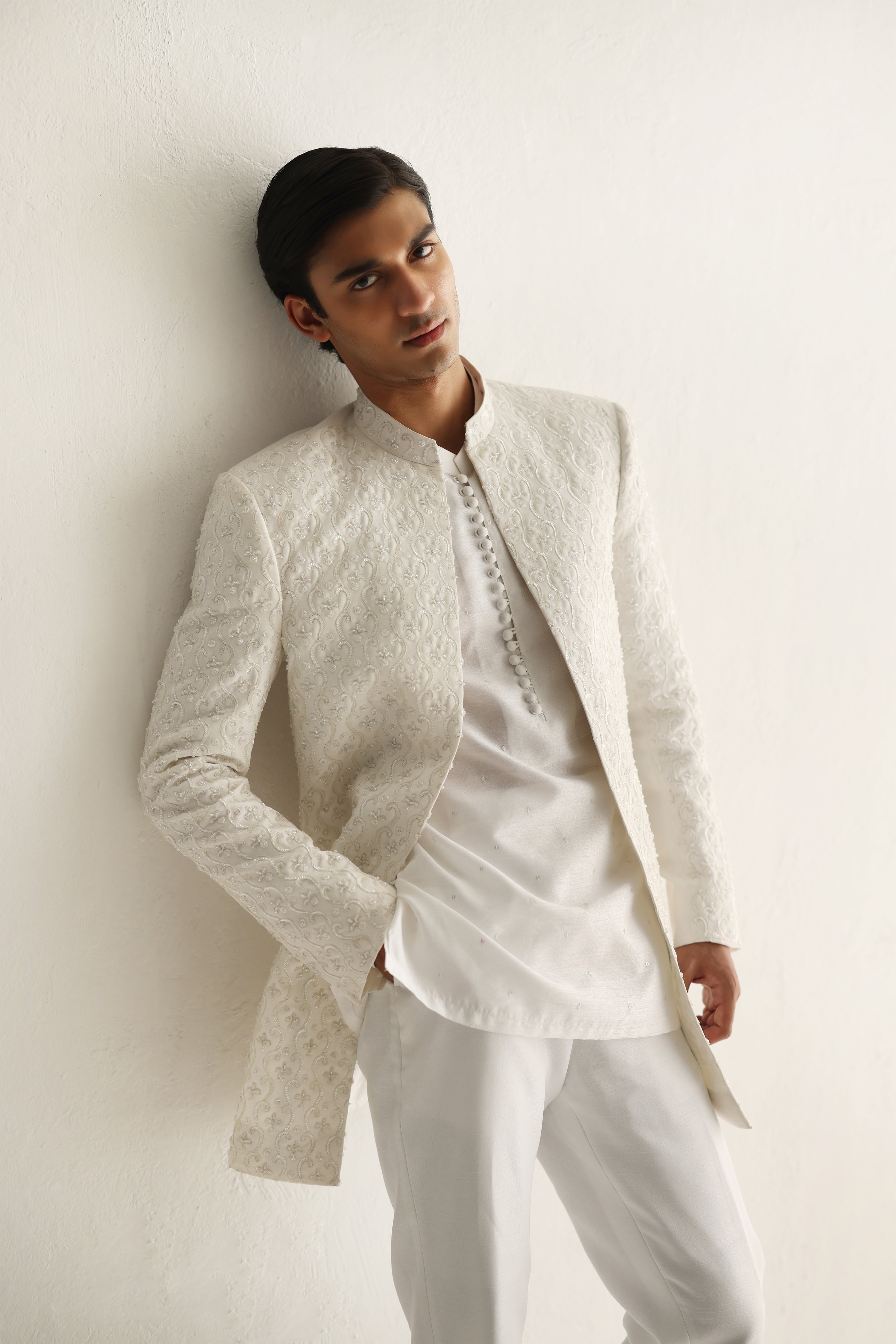 WHITE EMBOSSED FRONT OPEN SHERWANI Humayunalamgir