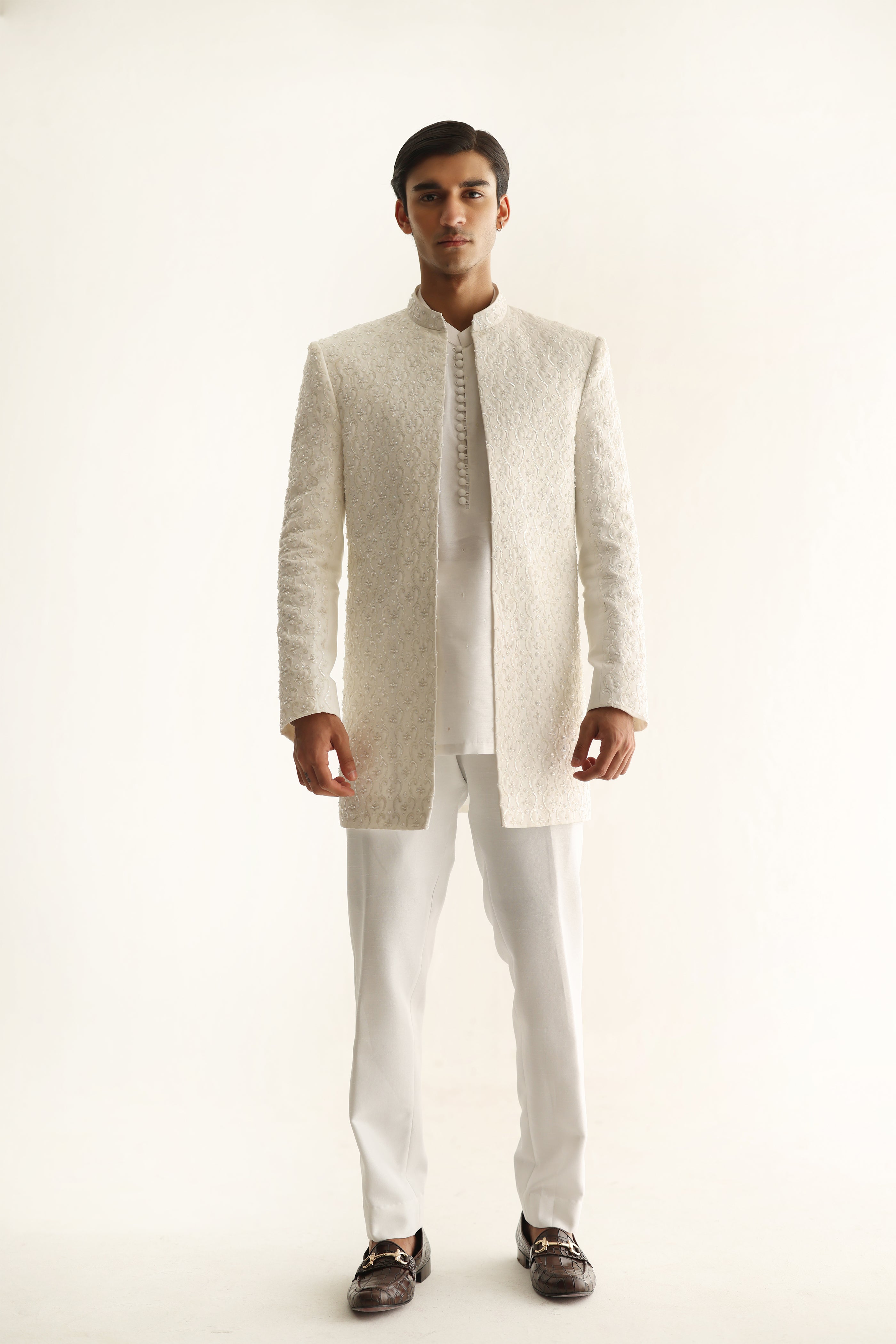 WHITE EMBOSSED FRONT OPEN SHERWANI Humayunalamgir