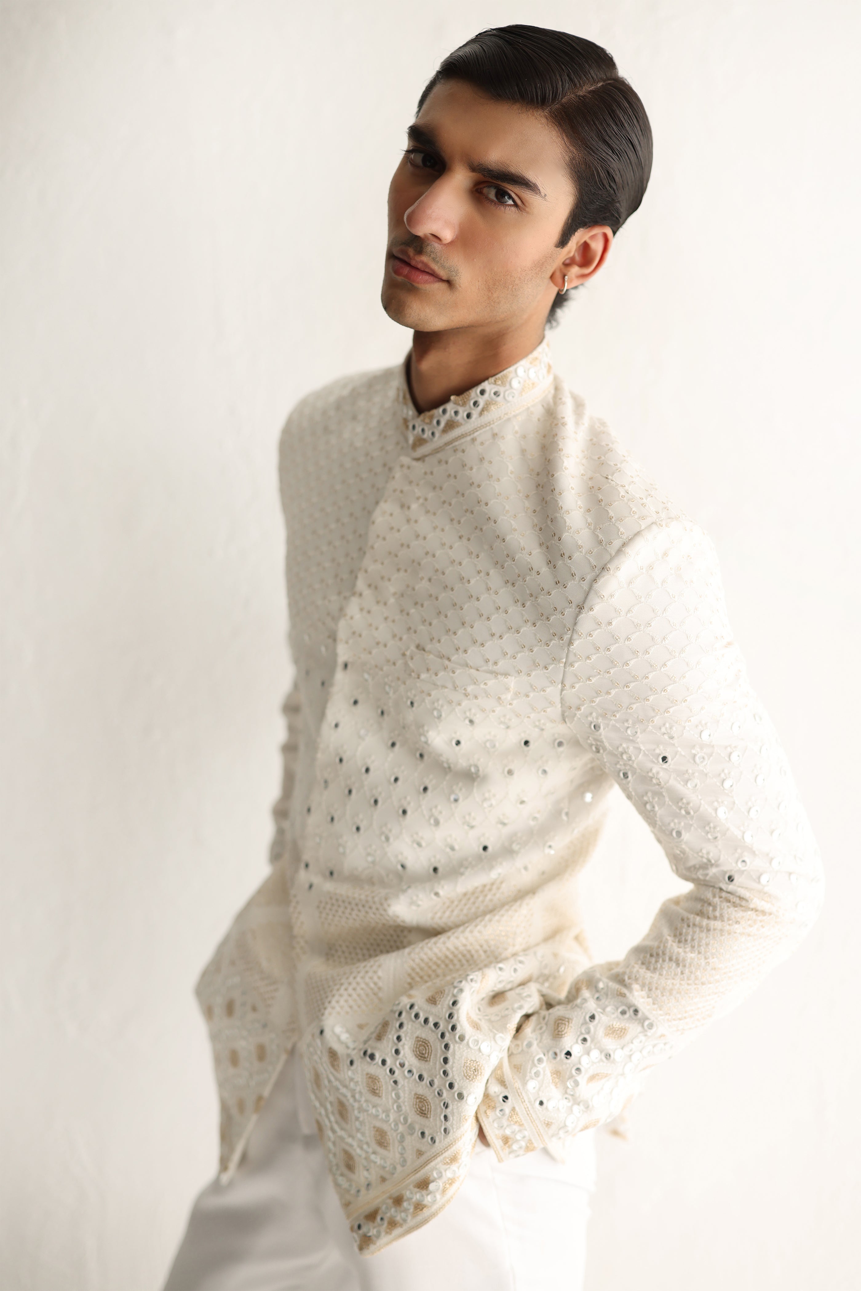 WHITE EMBOSSED MIRROR WORK PRINCE SUIT Humayunalamgir