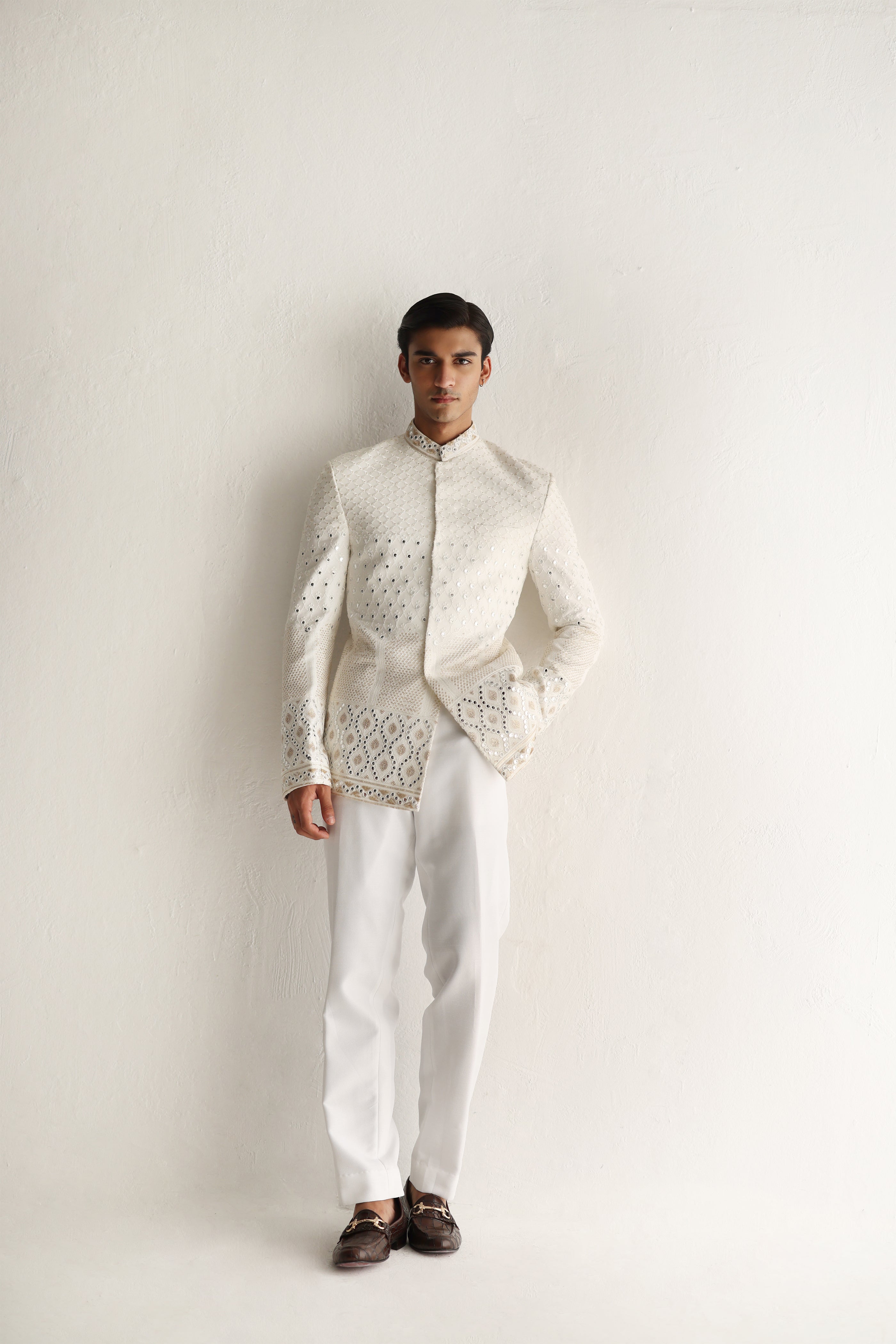 WHITE EMBOSSED MIRROR WORK PRINCE SUIT Humayunalamgir