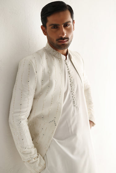 WHITE EMBOSSED SEQUENCE FRONT OPEN PRINCE COAT