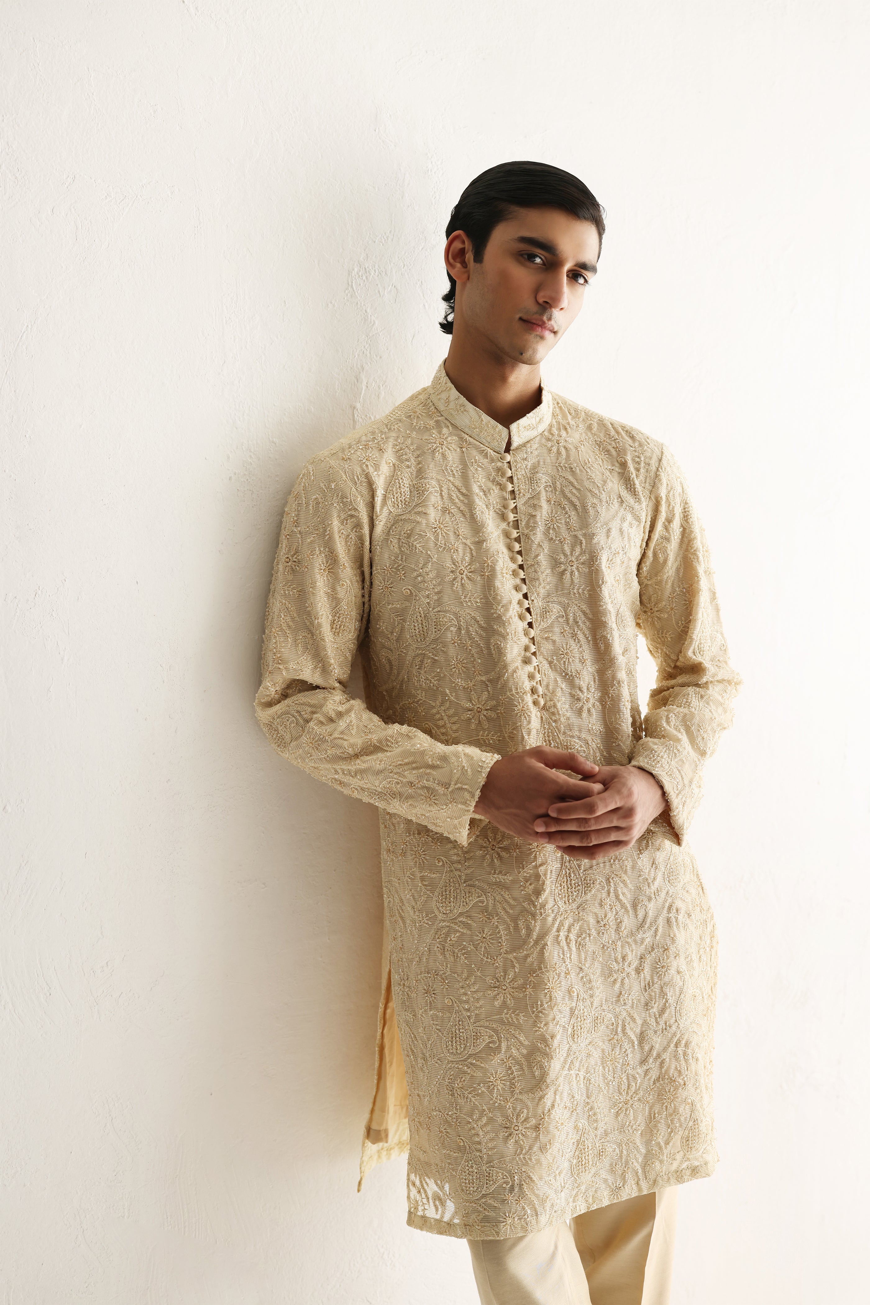 Beige Embroidered Embellish Full Hand Work Kurta Pajama Humayunalamgir