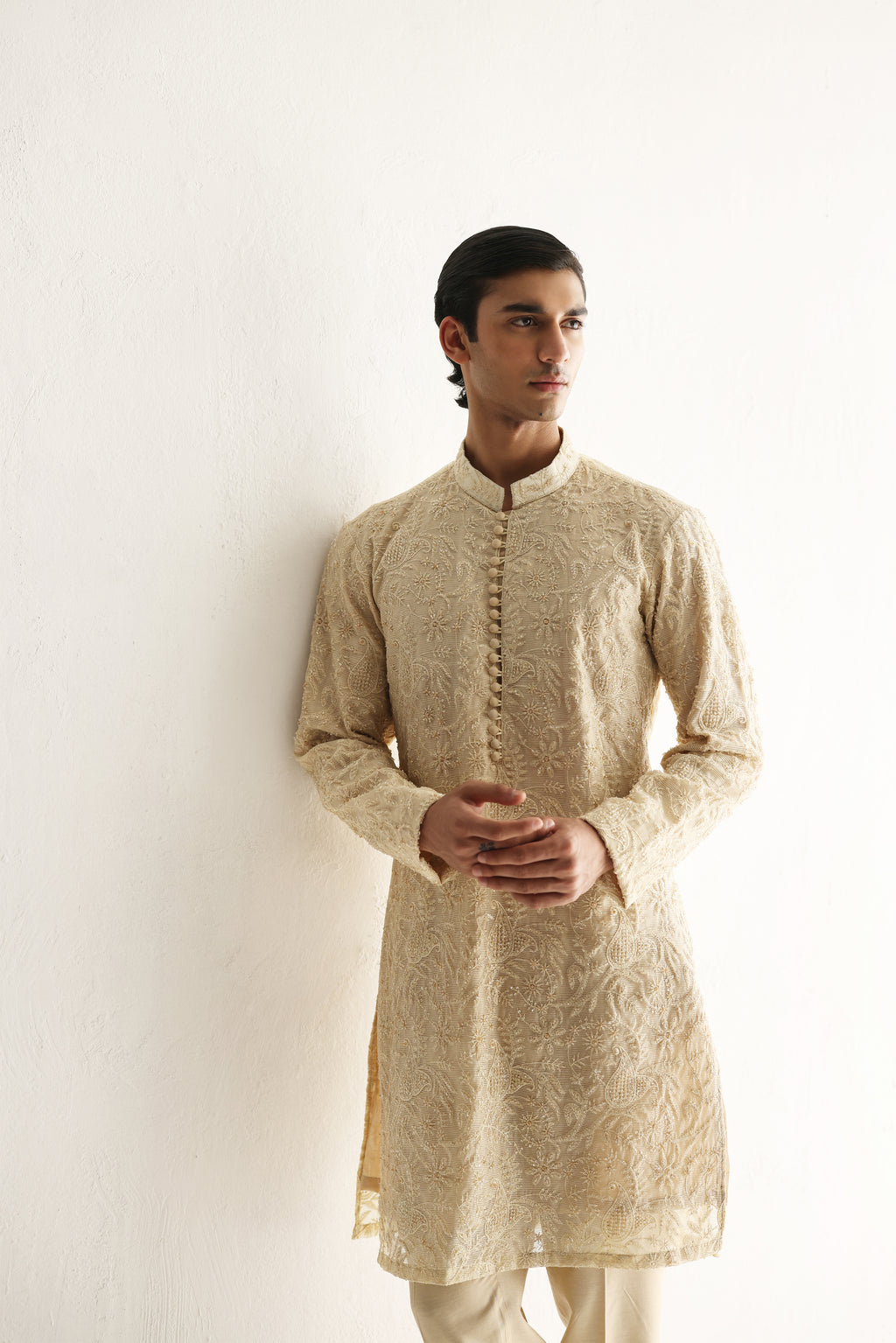 Beige Embroidered Embellish Full Hand Work Kurta Pajama Humayunalamgir