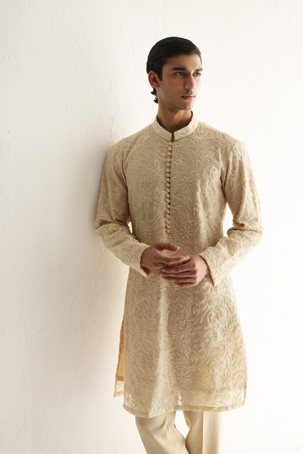 Beige Embroidered Embellish Full Hand Work Kurta Pajama Humayunalamgir