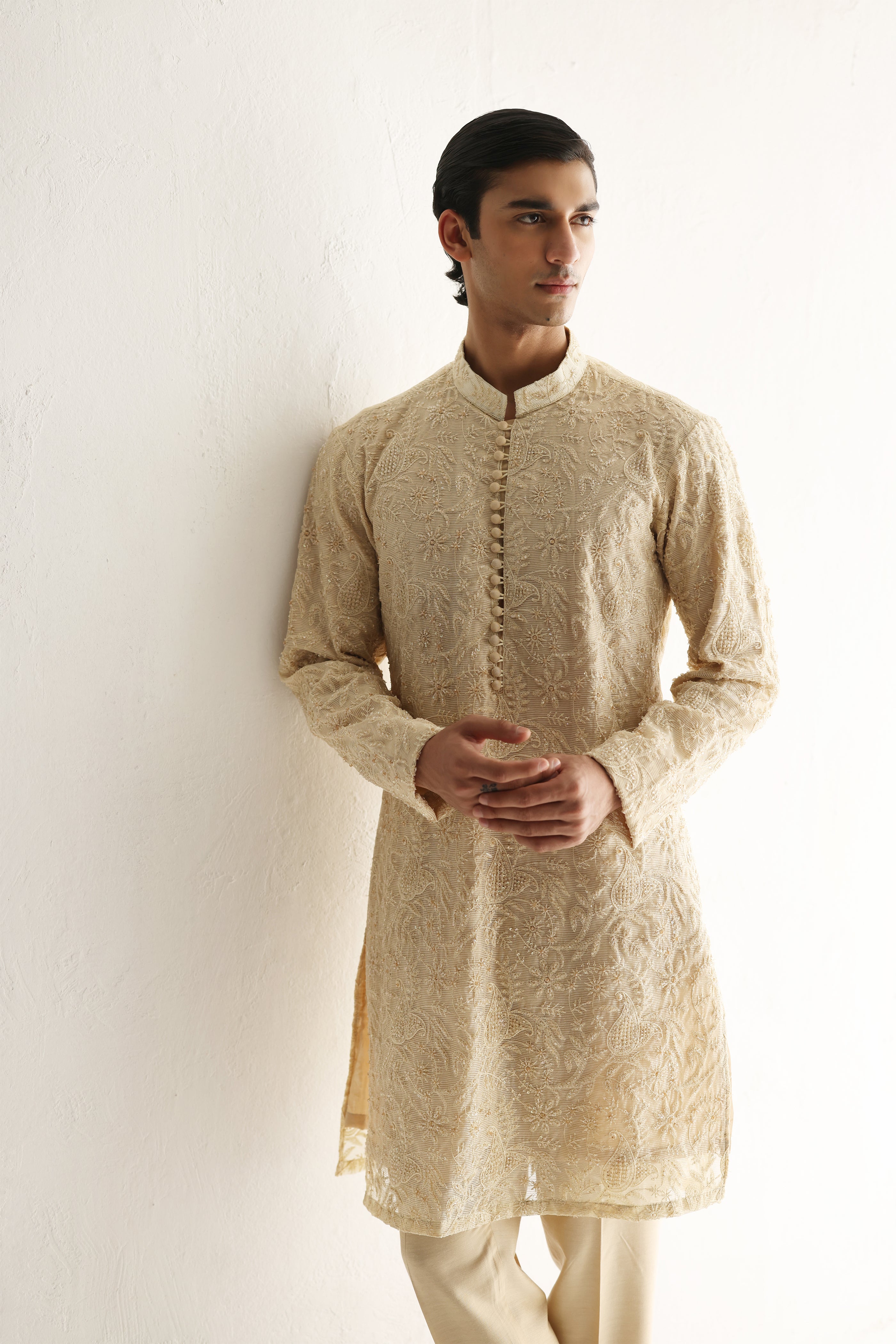 Beige Embroidered Embellish Full Hand Work Kurta Pajama Humayunalamgir
