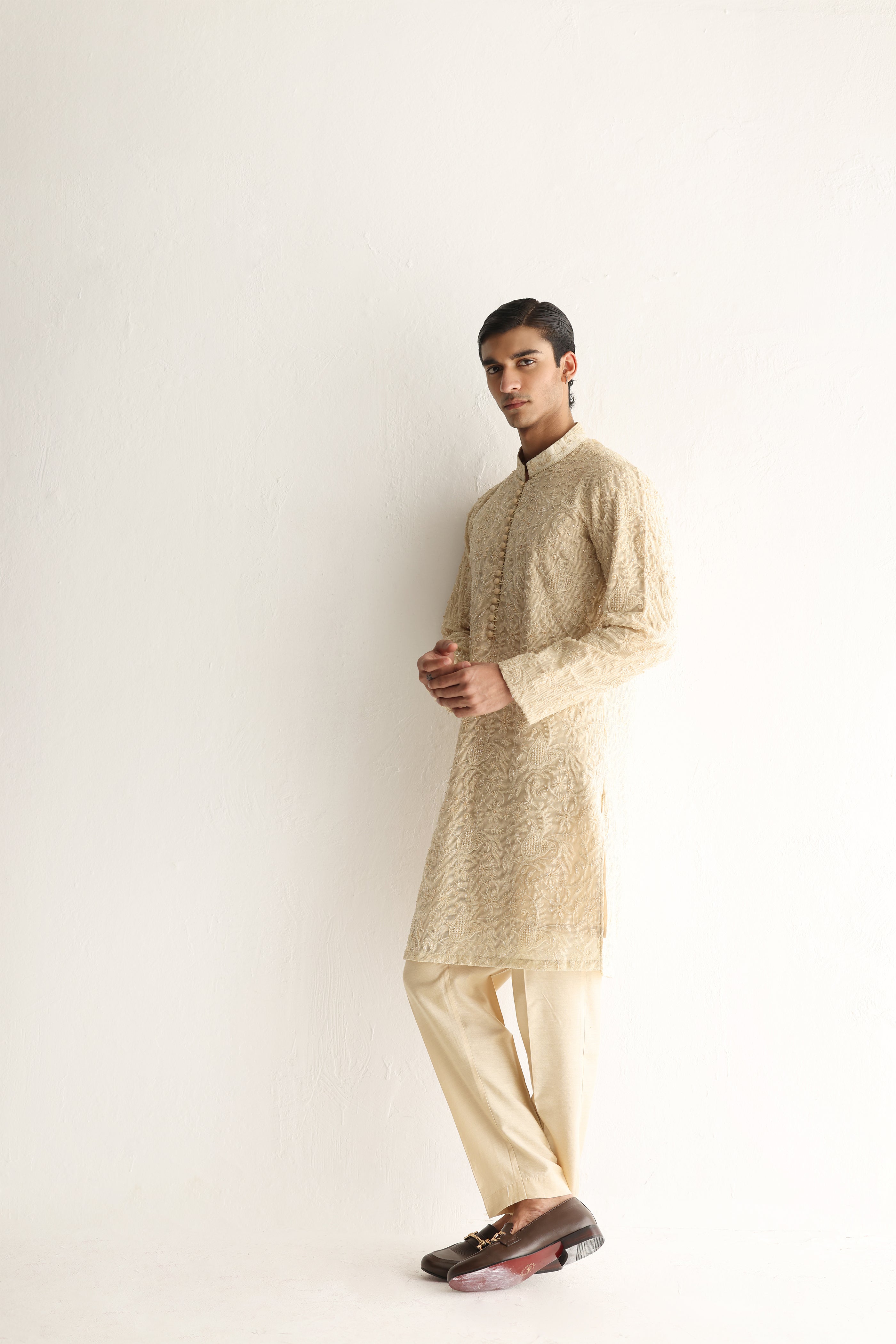 Beige Embroidered Embellish Full Hand Work Kurta Pajama Humayunalamgir