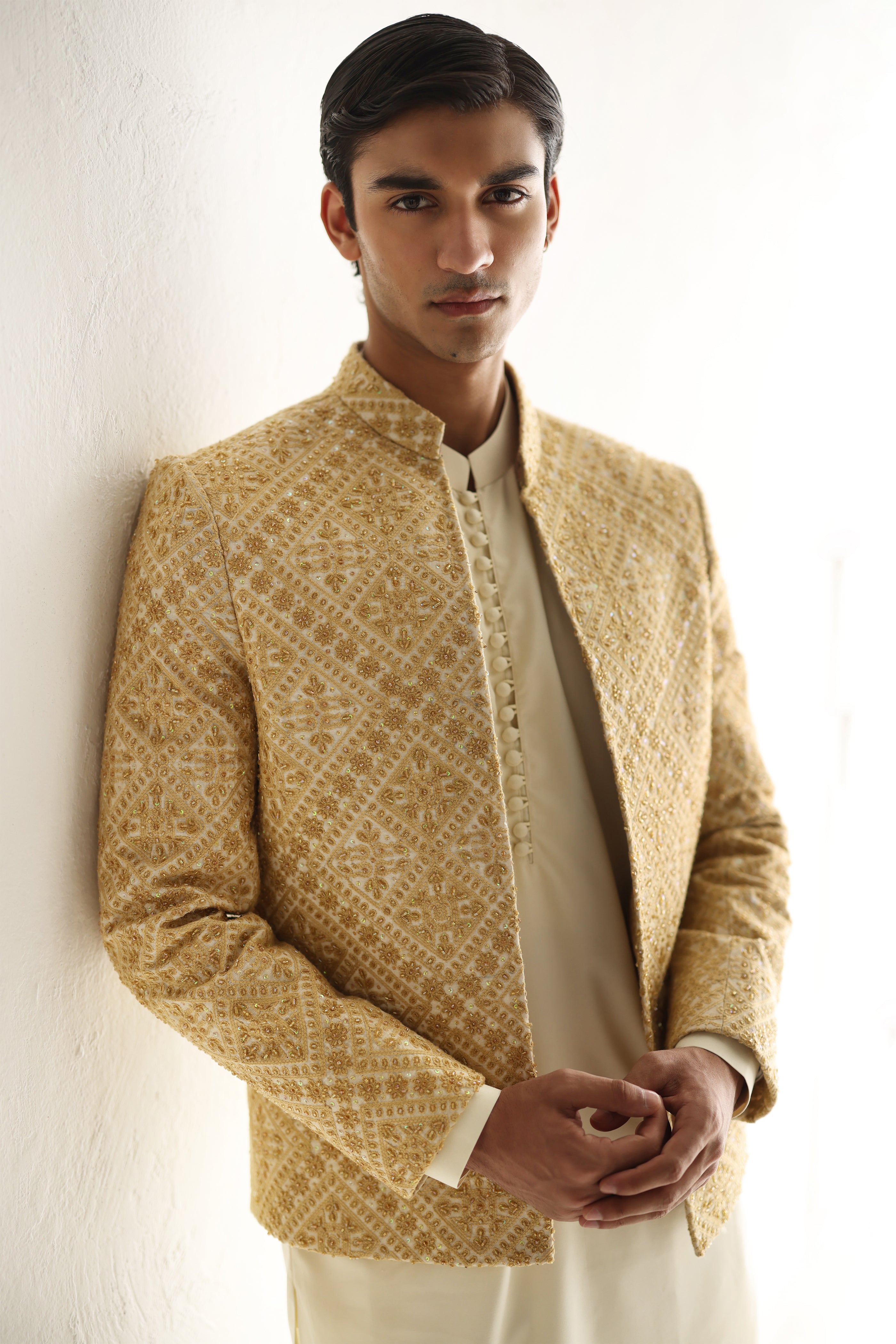 BEIGE SELF EMBOSSED FRONT OPEN PRINCE COAT Humayunalamgir