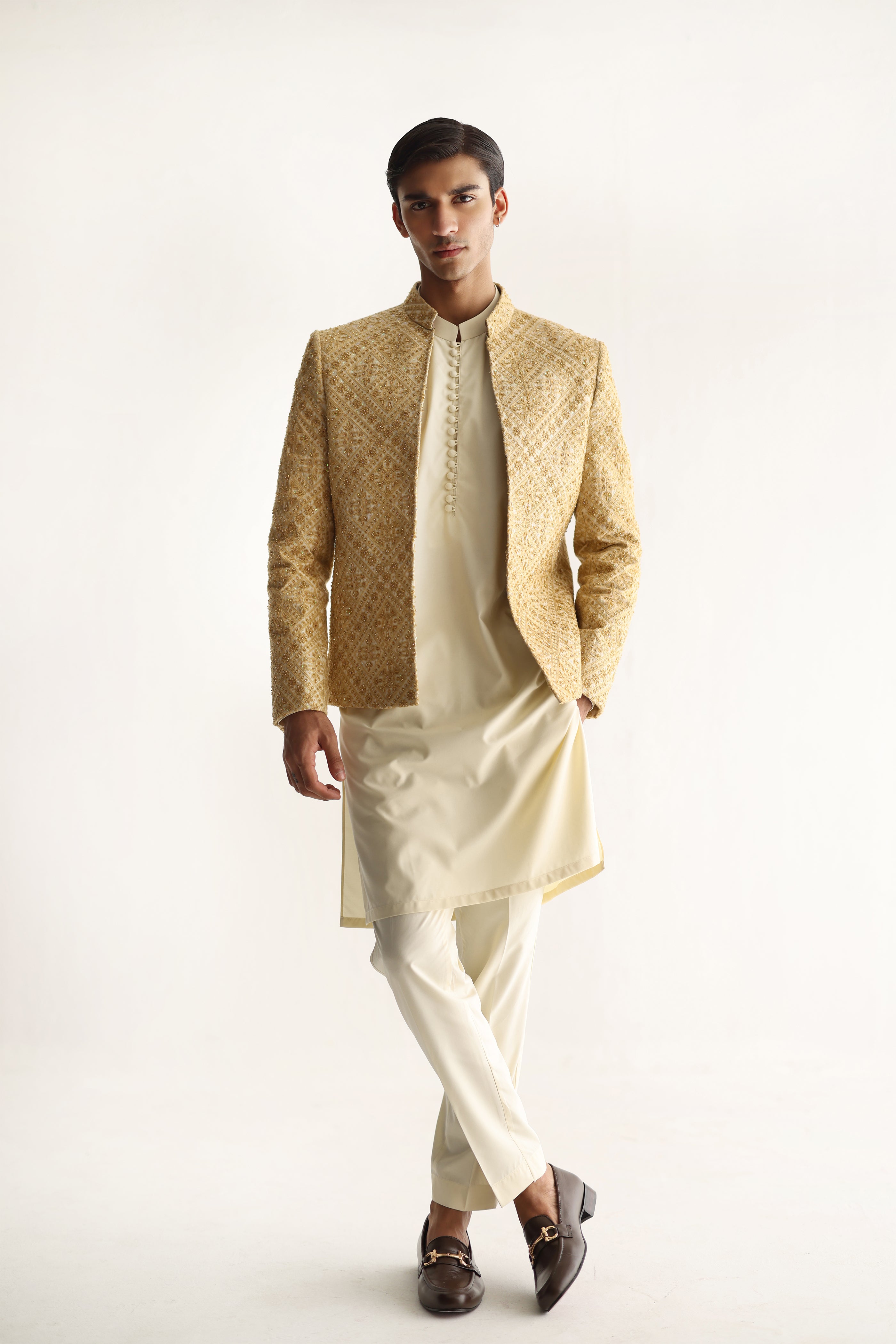 BEIGE SELF EMBOSSED FRONT OPEN PRINCE COAT Humayunalamgir