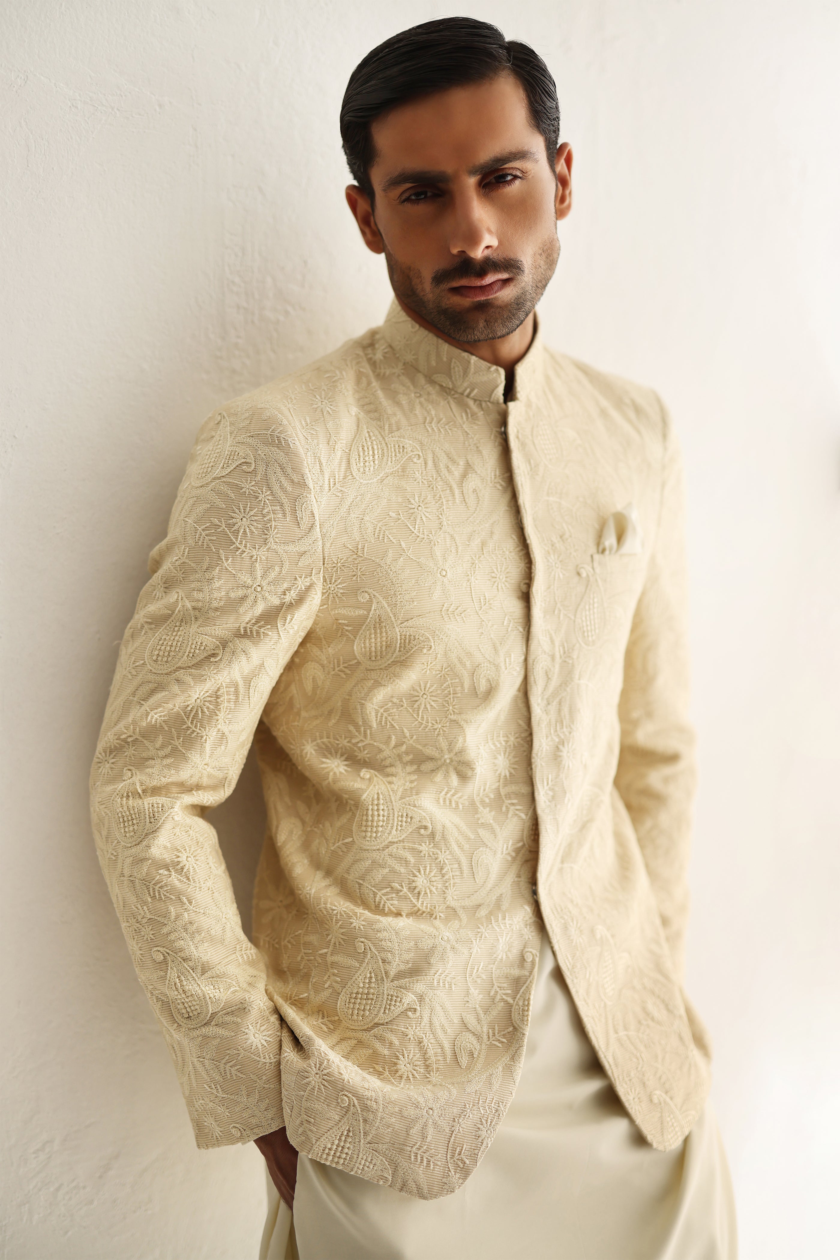 BEIGE EMBOSSED PRINCE COAT Humayunalamgir