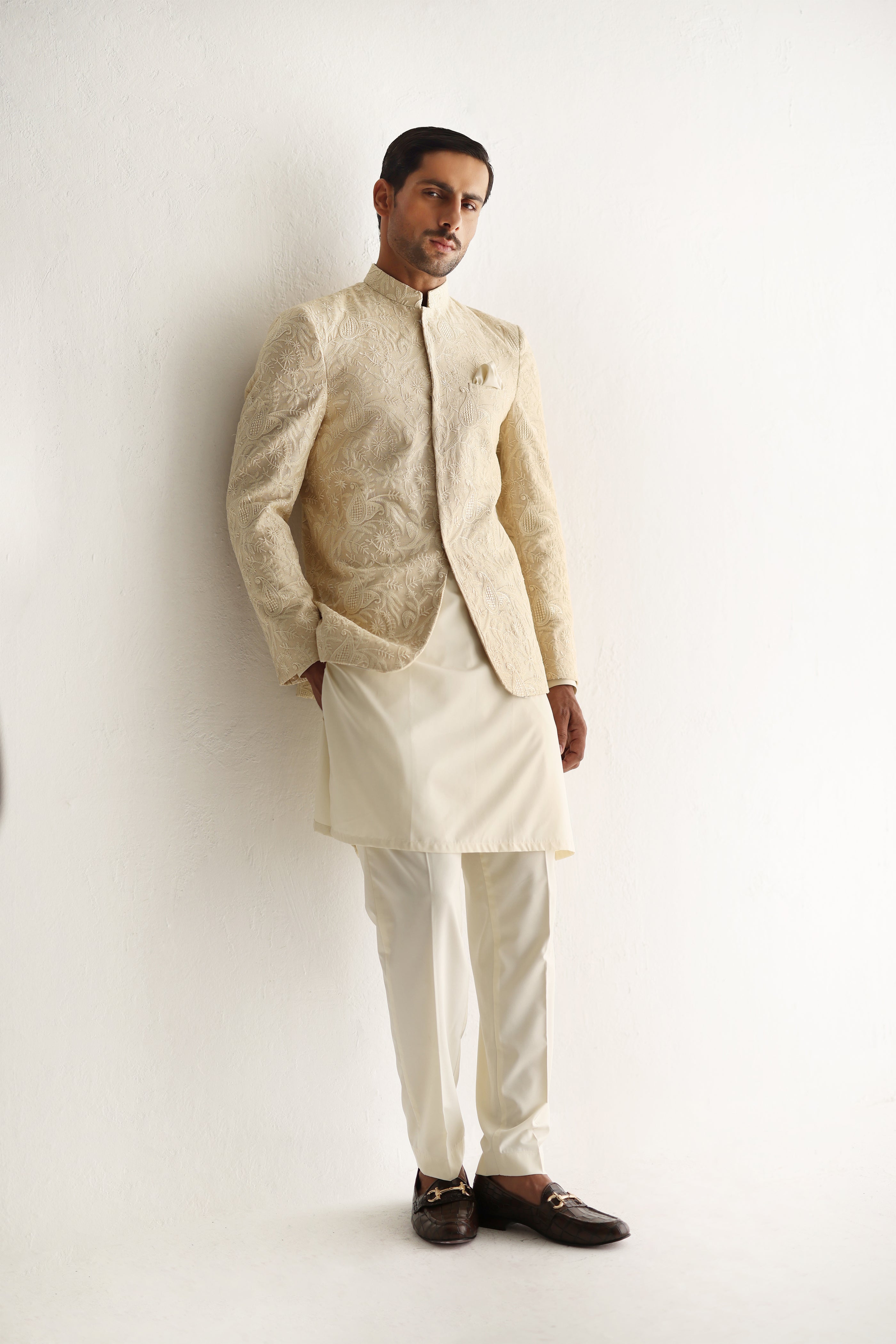 BEIGE EMBOSSED PRINCE COAT Humayunalamgir