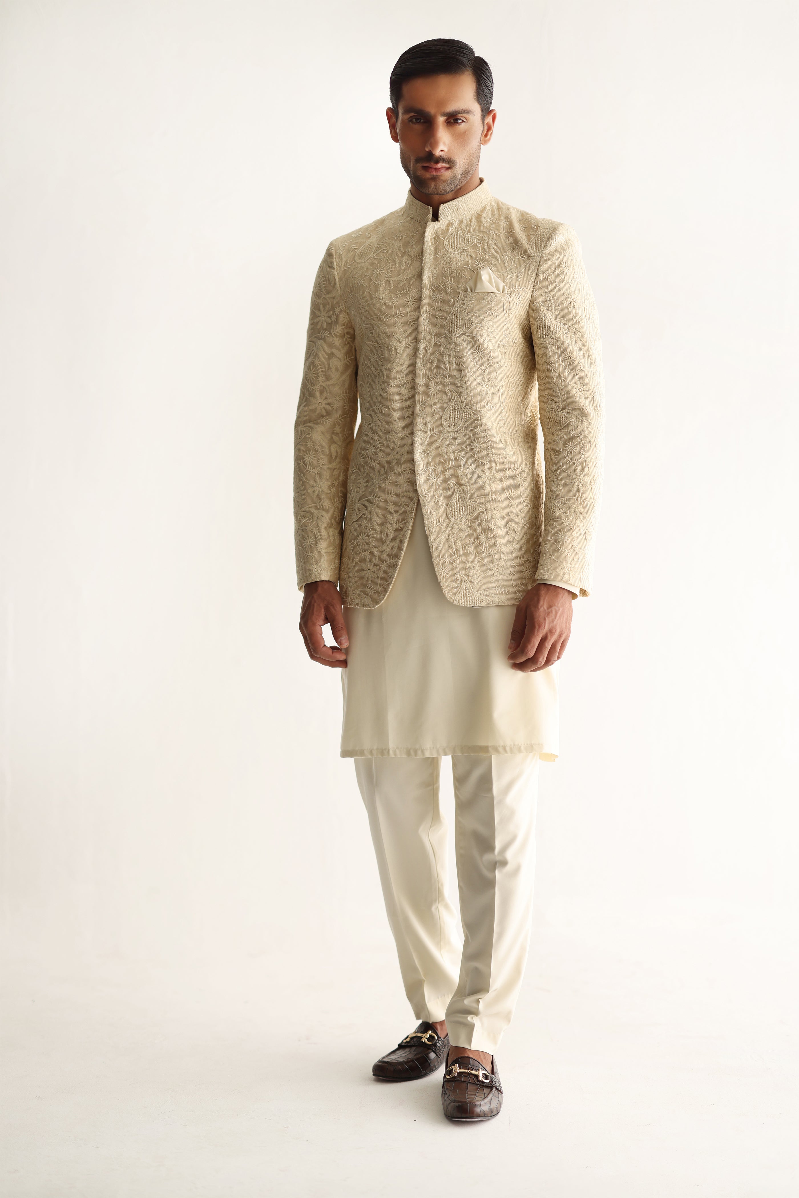 BEIGE EMBOSSED PRINCE COAT Humayunalamgir