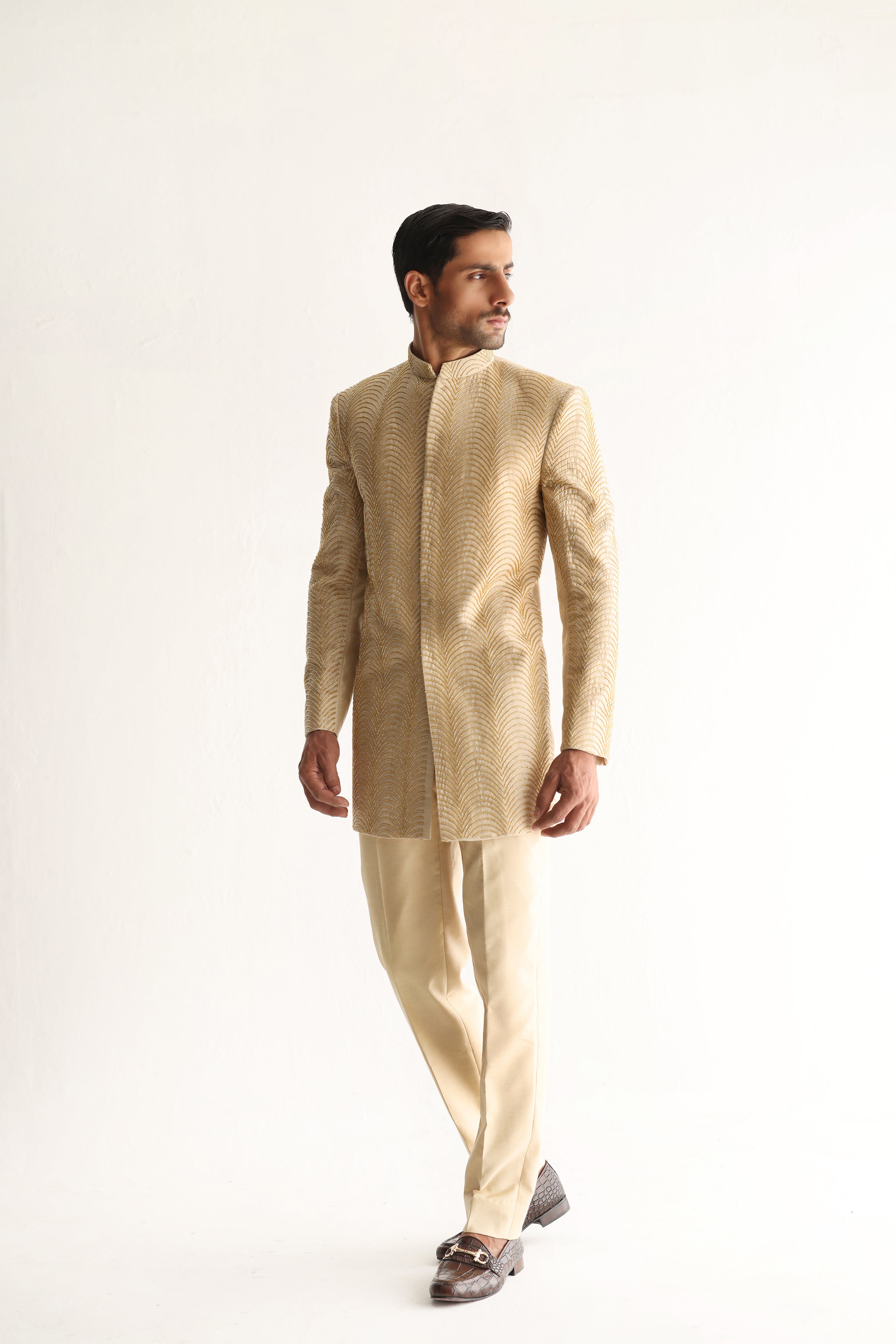 BEIGE SHORT SHERWANI Humayunalamgir