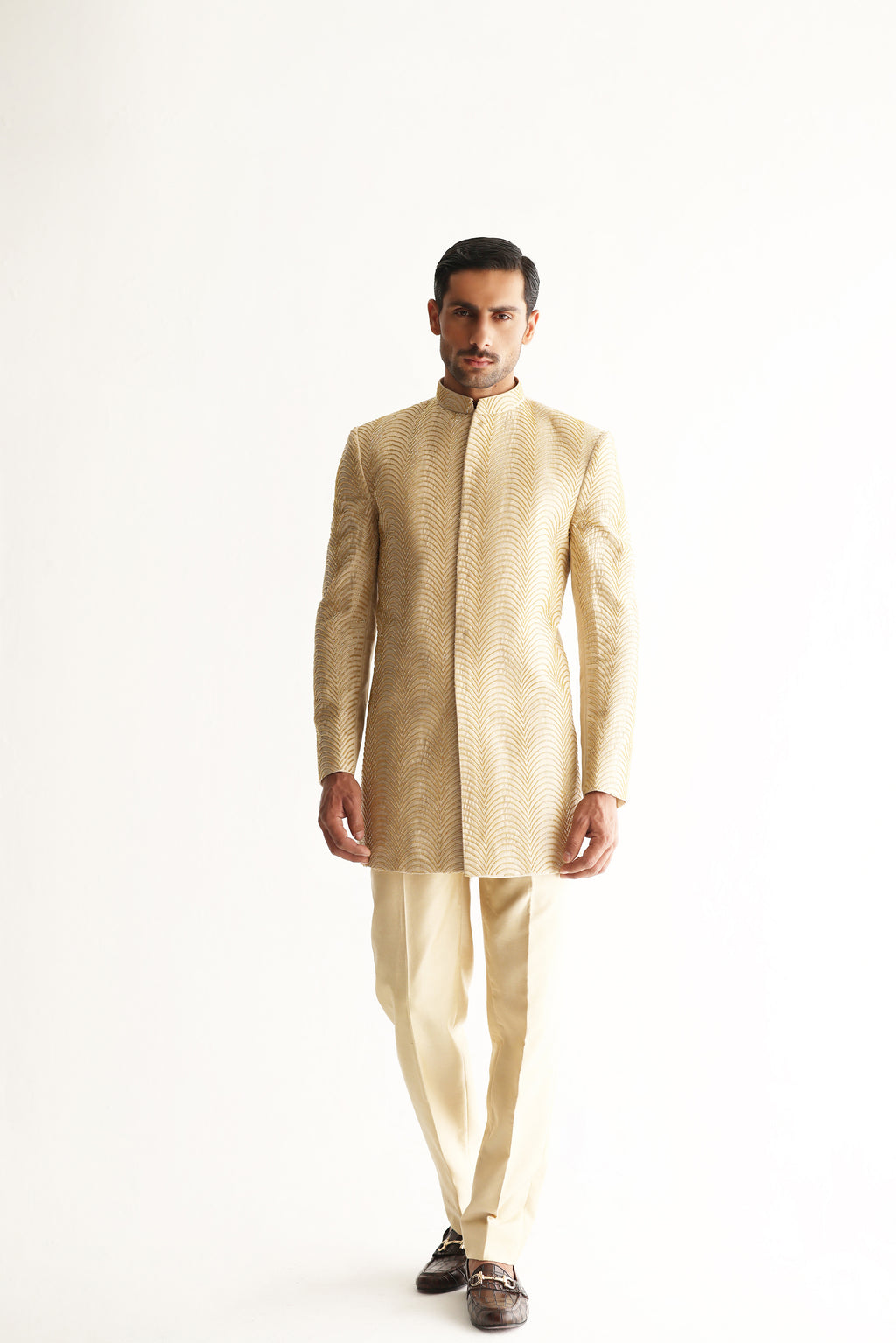 BEIGE SHORT SHERWANI Humayunalamgir