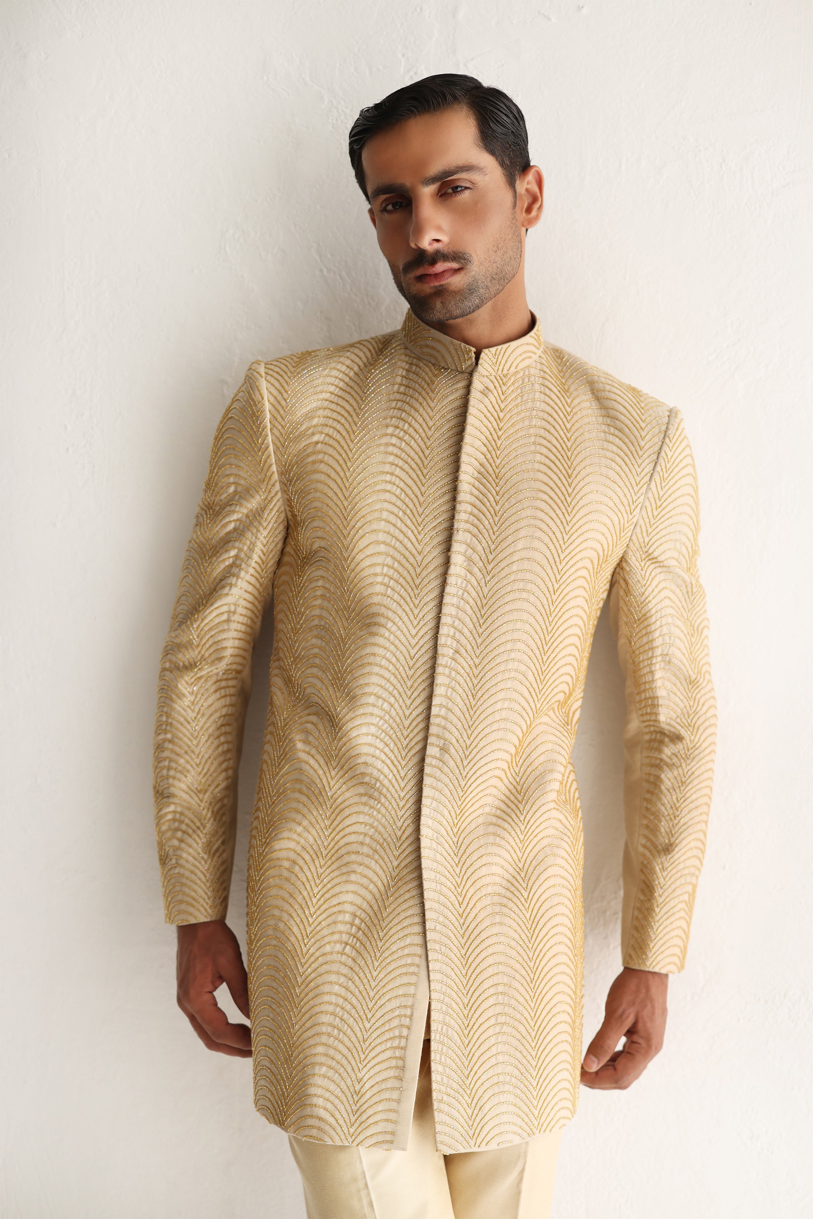 BEIGE SHORT SHERWANI Humayunalamgir