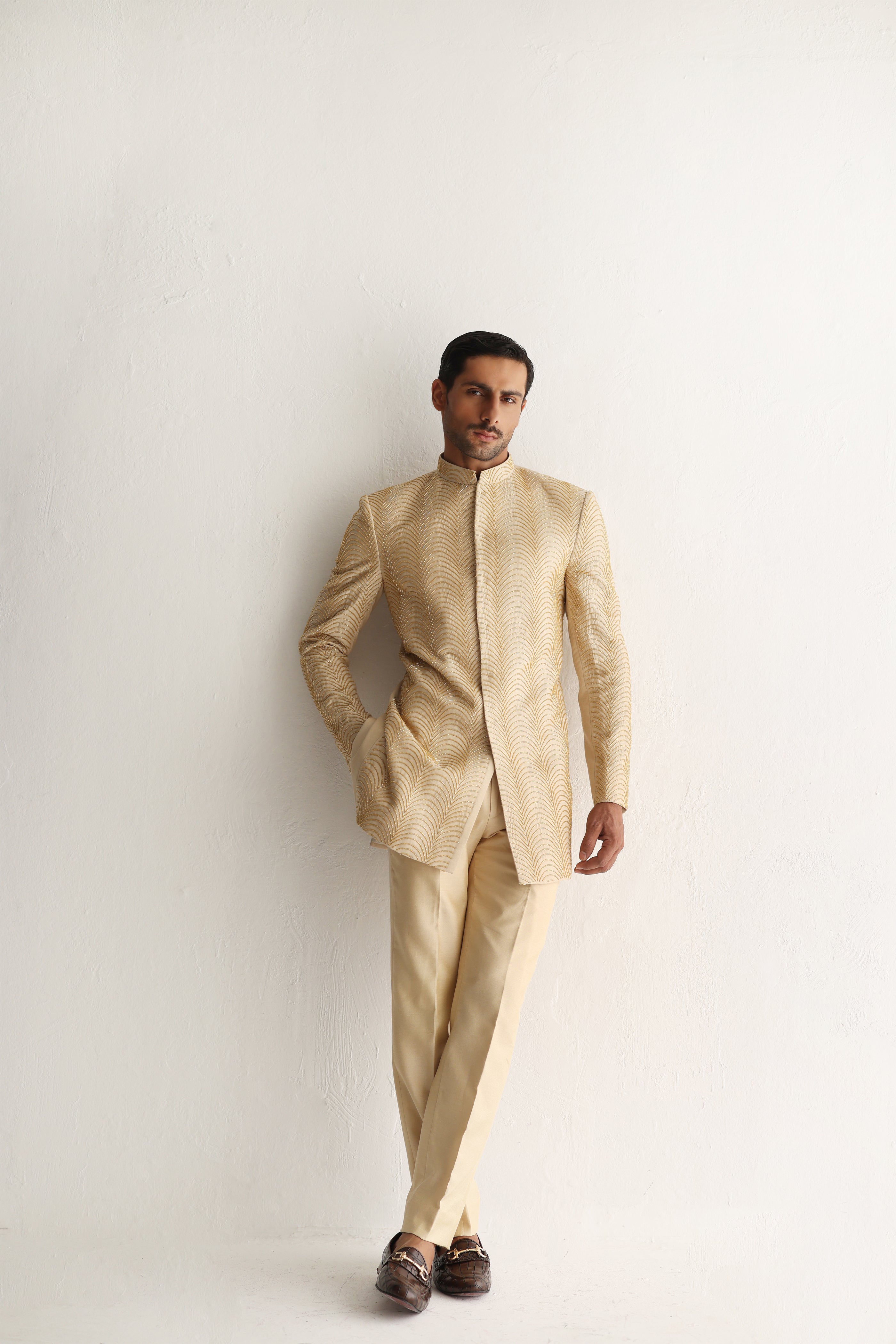 BEIGE SHORT SHERWANI Humayunalamgir