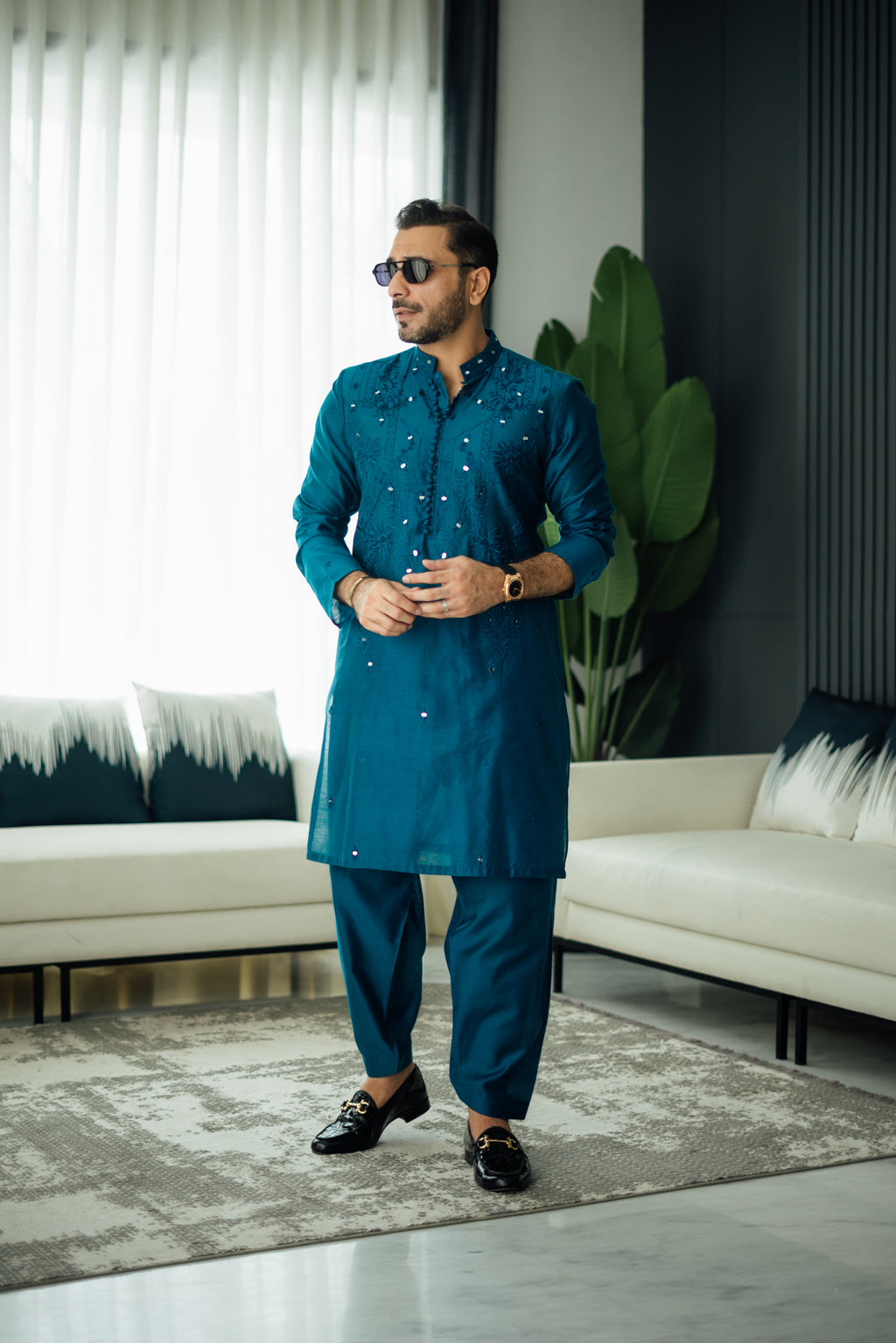 Teal Blue Mirror Embossed Kurta Shalwar HumayunAlamgir