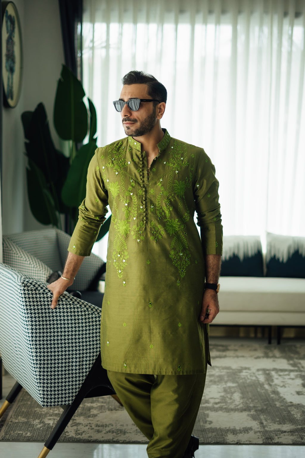 Olive Green Mirror Embossed Kurta Shalwar HumayunAlamgir