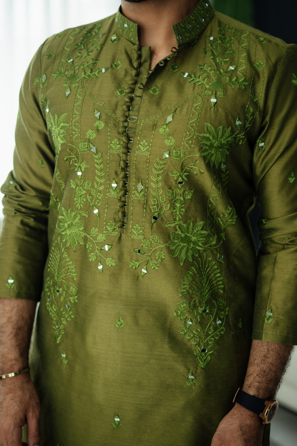 Olive Green Mirror Embossed Kurta Shalwar HumayunAlamgir
