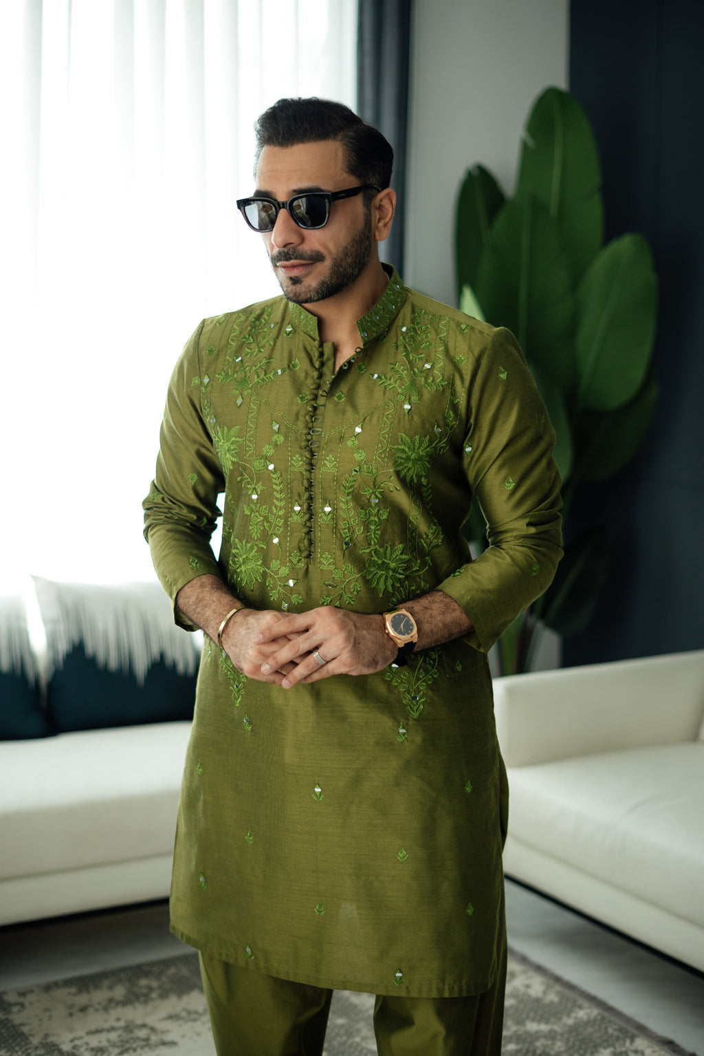 Olive Green Mirror Embossed Kurta Shalwar HumayunAlamgir