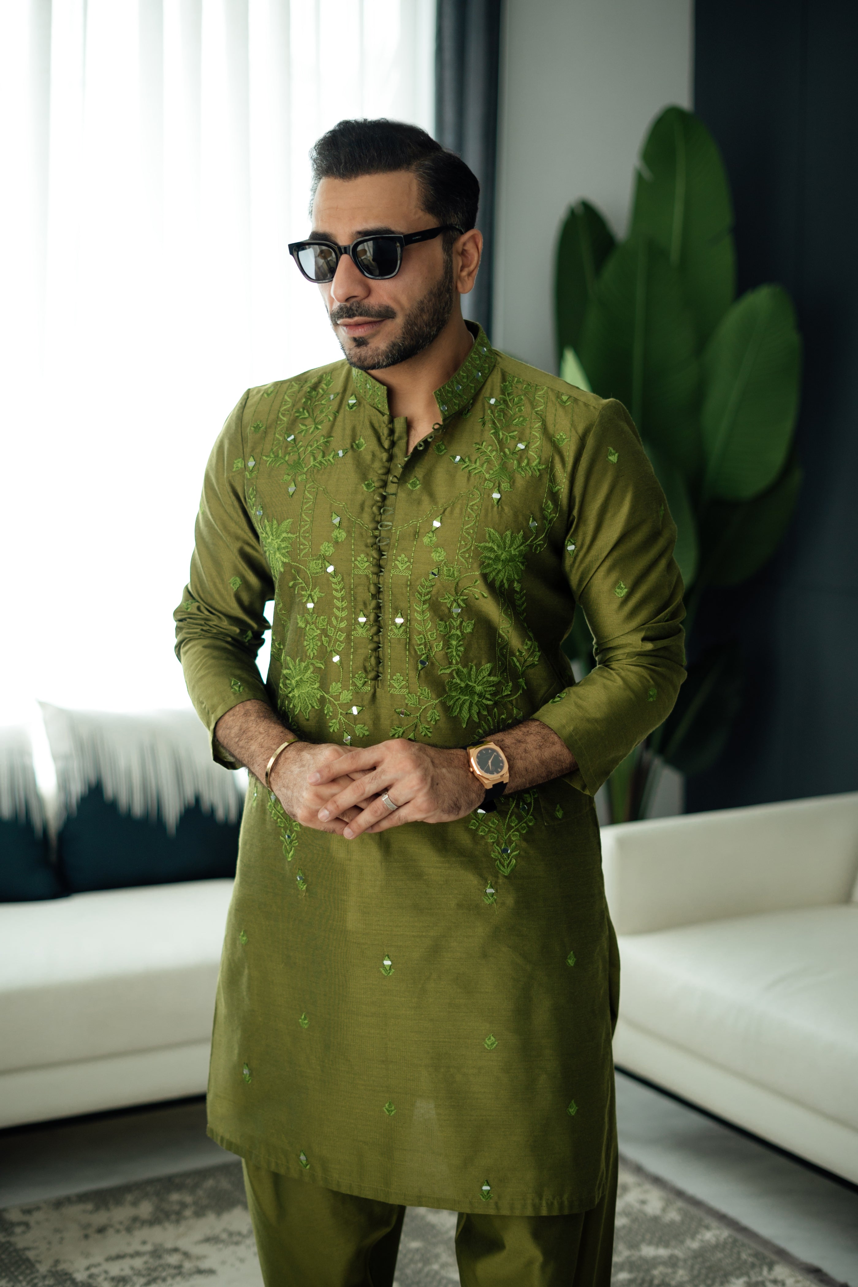 Olive Green Mirror Embossed Kurta Shalwar HumayunAlamgir