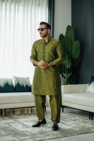 Olive Green Mirror Embossed Kurta Shalwar