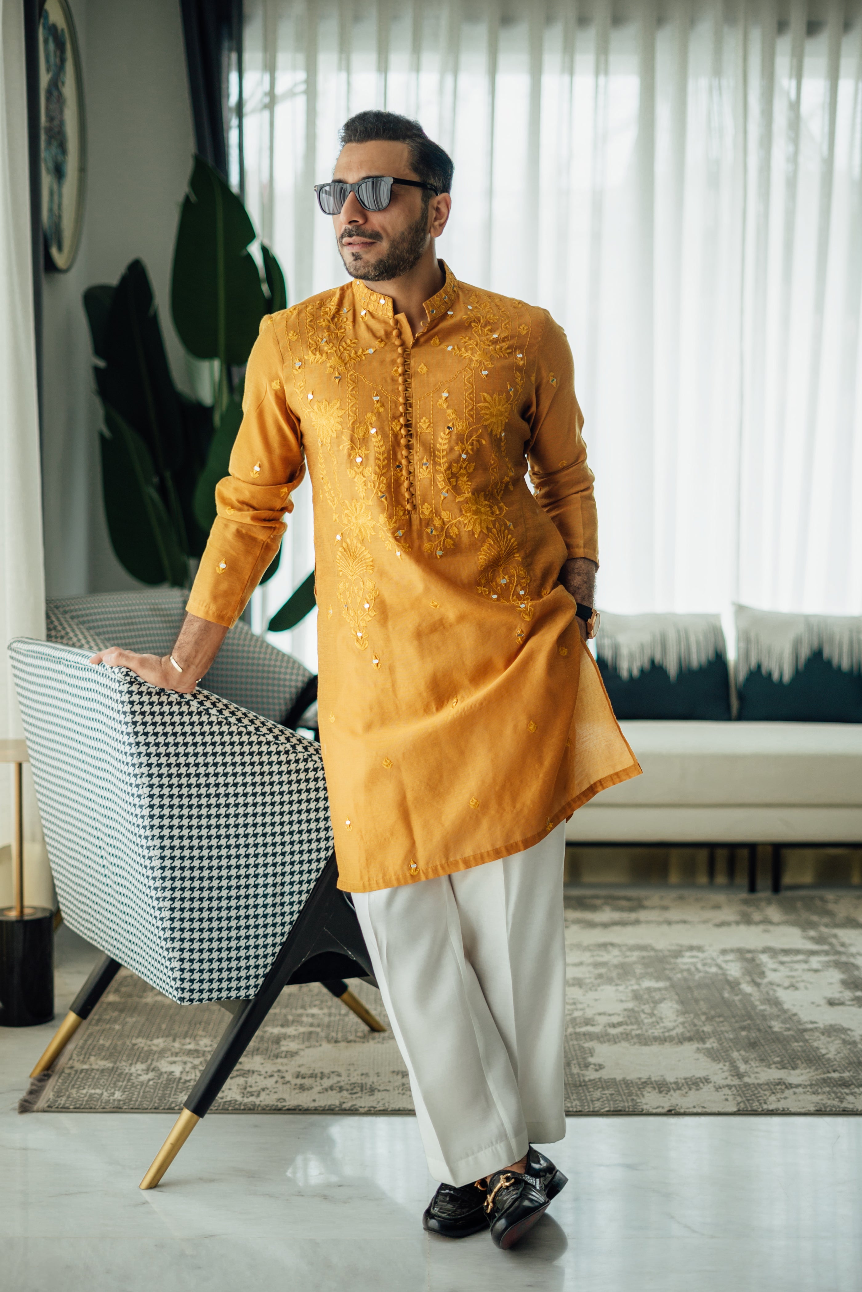 Mustard Mirror Embossed Kurta Pajama HumayunAlamgir