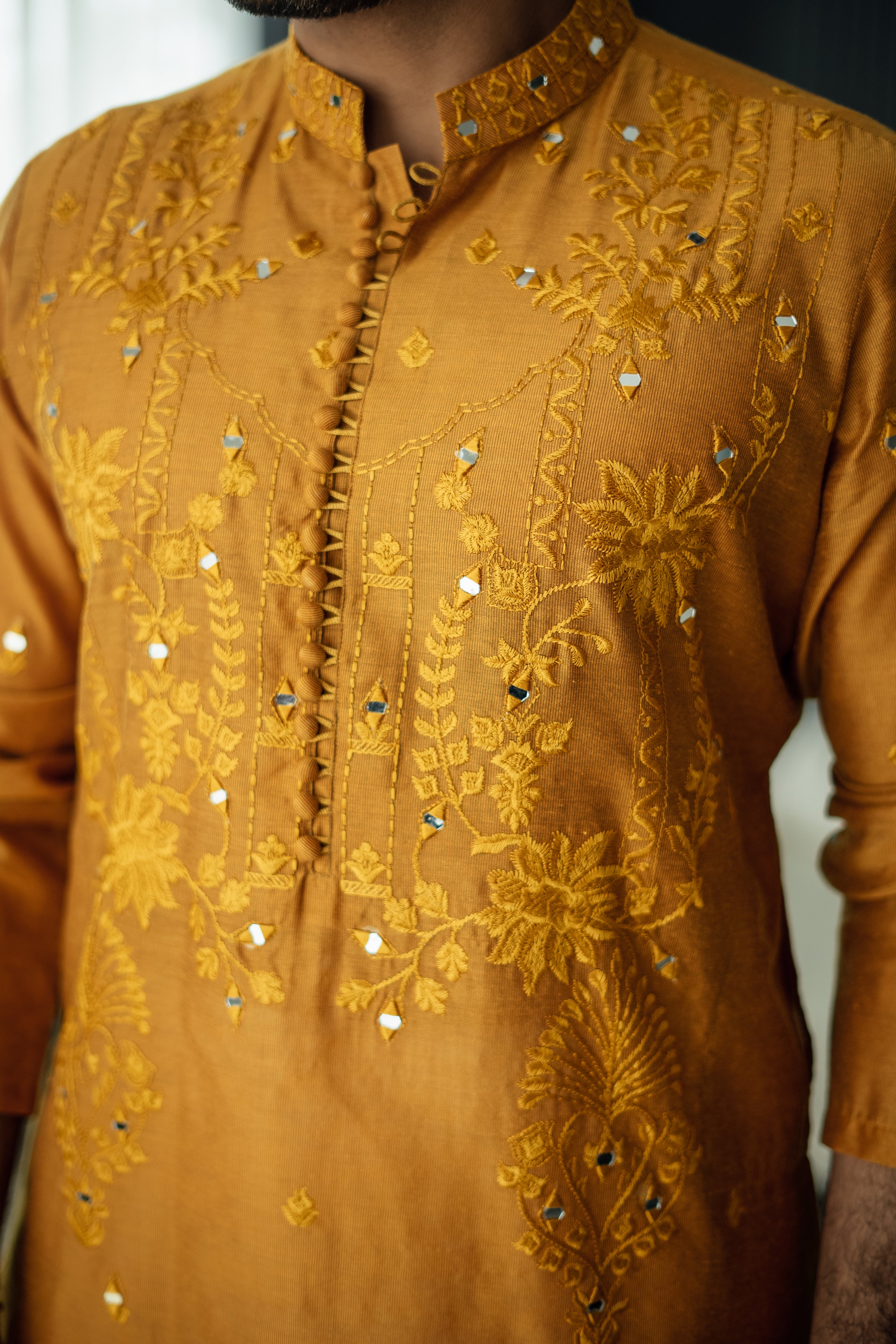 Mustard Mirror Embossed Kurta Pajama HumayunAlamgir
