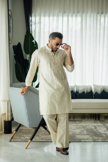 Ivory Mirror Embossed Kurta Pajama HumayunAlamgir