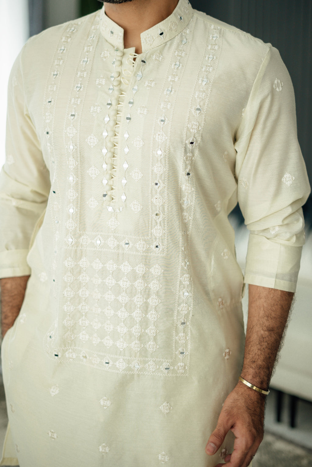 Ivory Mirror Embossed Kurta Pajama HumayunAlamgir