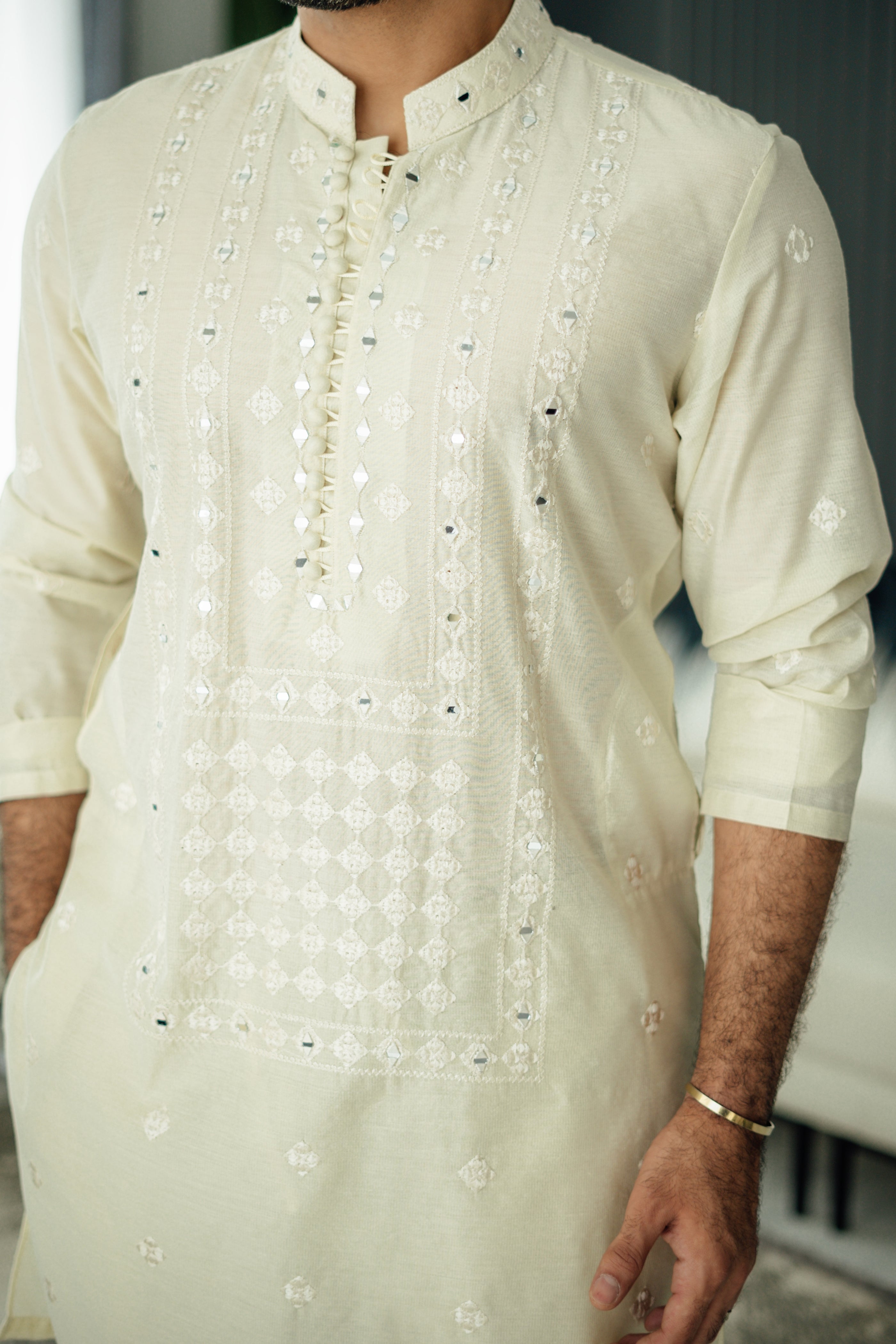 Ivory Mirror Embossed Kurta Pajama HumayunAlamgir