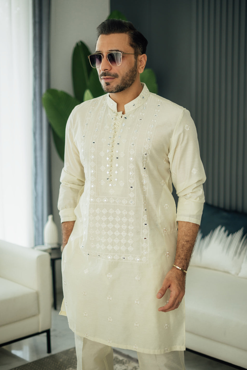 Ivory Mirror Embossed Kurta Pajama HumayunAlamgir