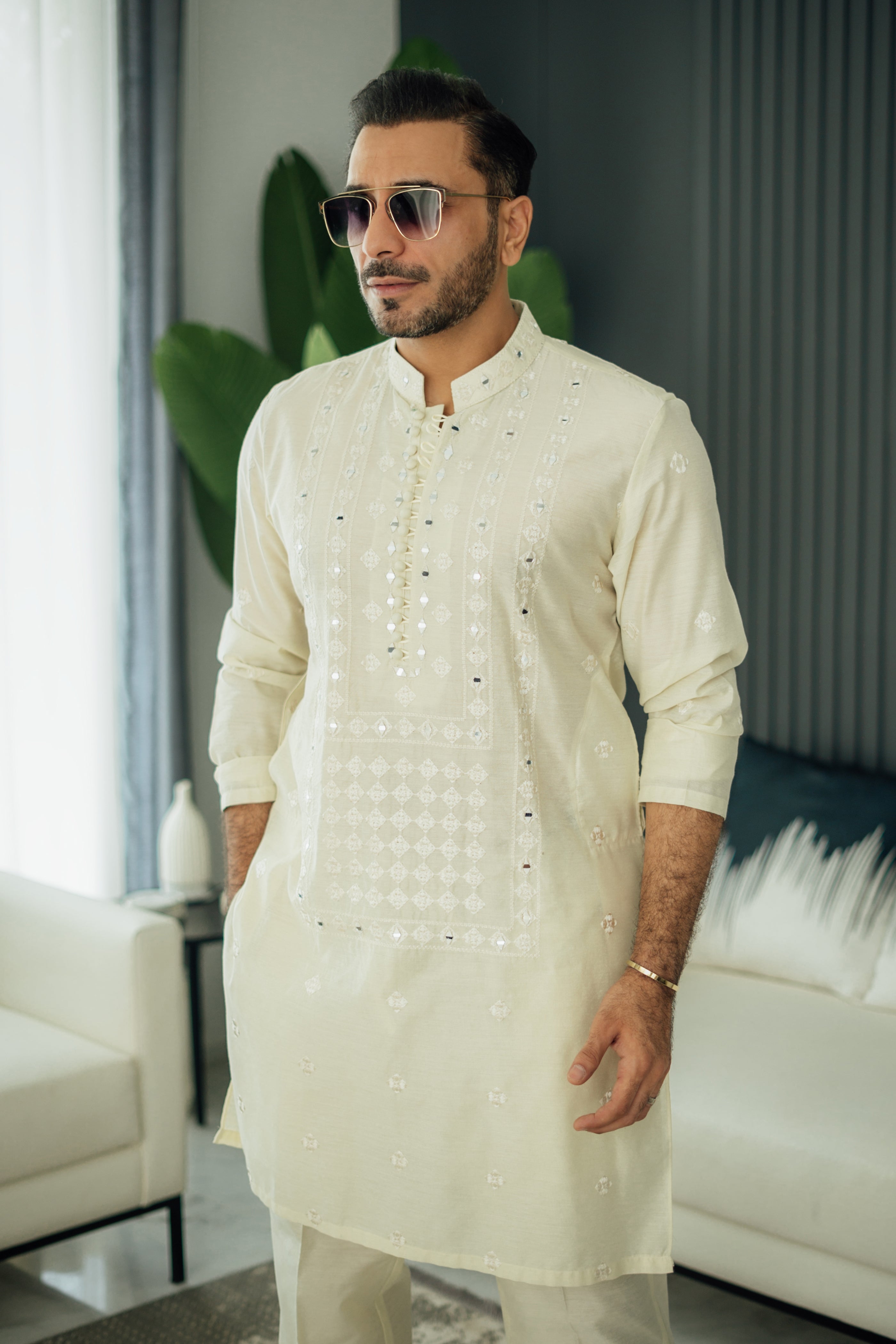Ivory Mirror Embossed Kurta Pajama HumayunAlamgir
