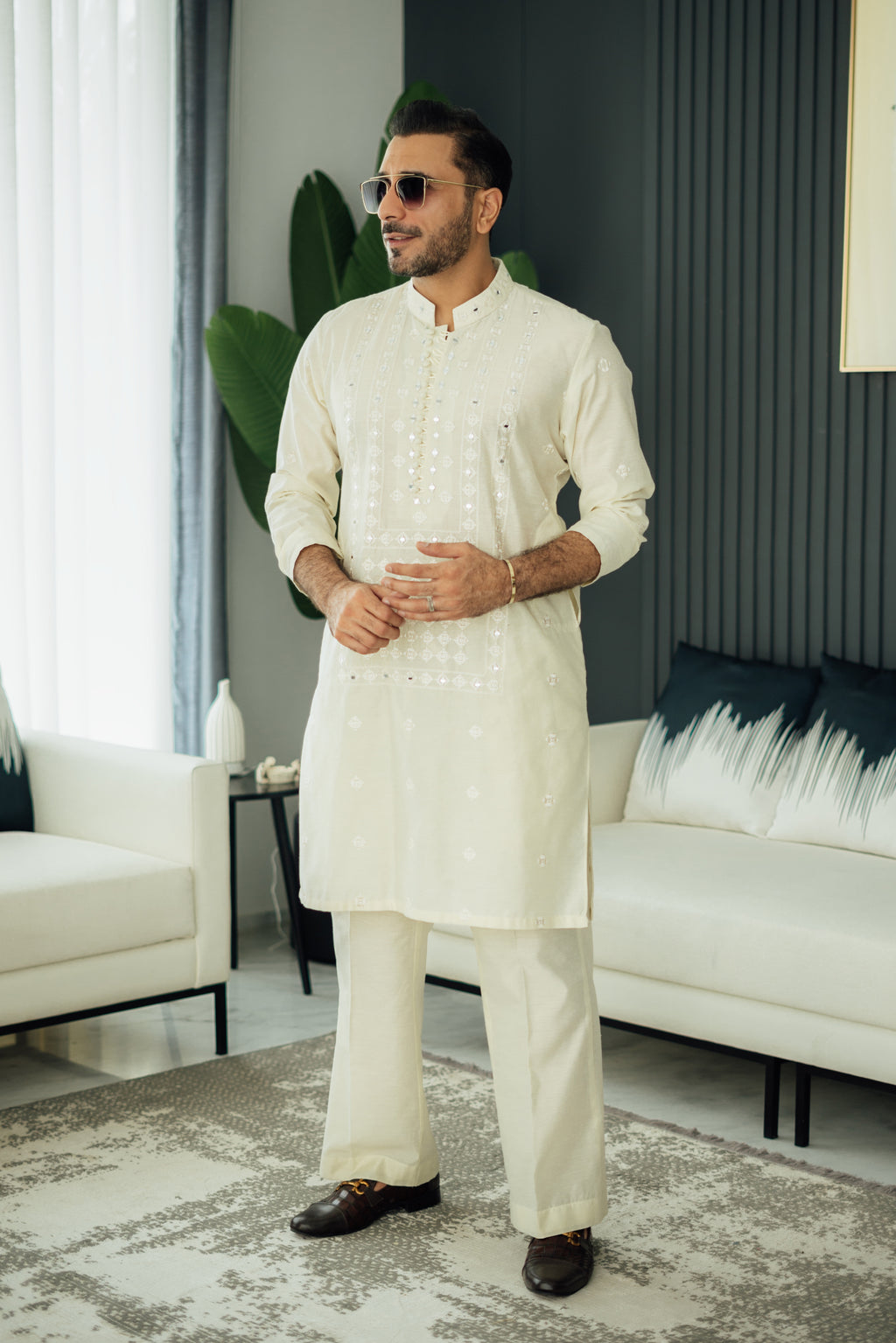 Ivory Mirror Embossed Kurta Pajama HumayunAlamgir