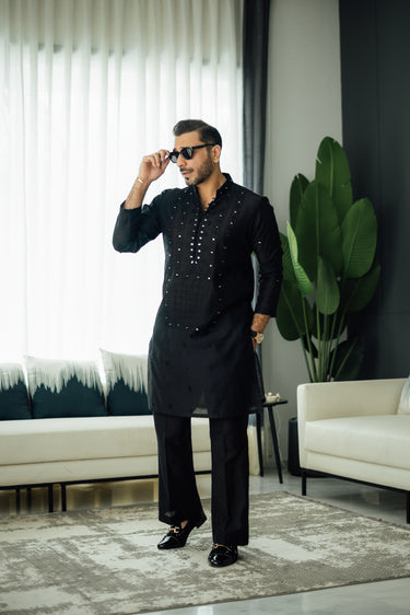 Black Mirror Embossed Kurta Pajama HumayunAlamgir