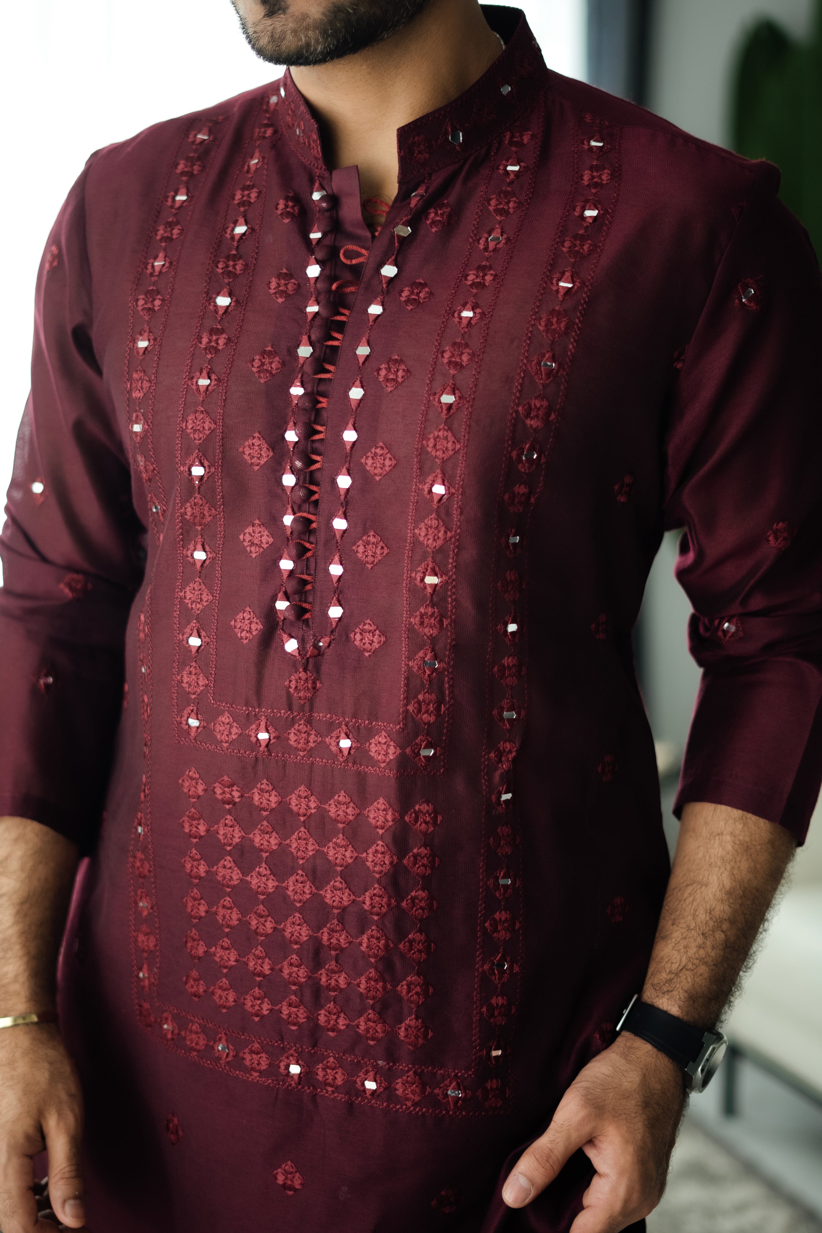 Maroon Mirror Embossed Kurta Shalwar HumayunAlamgir