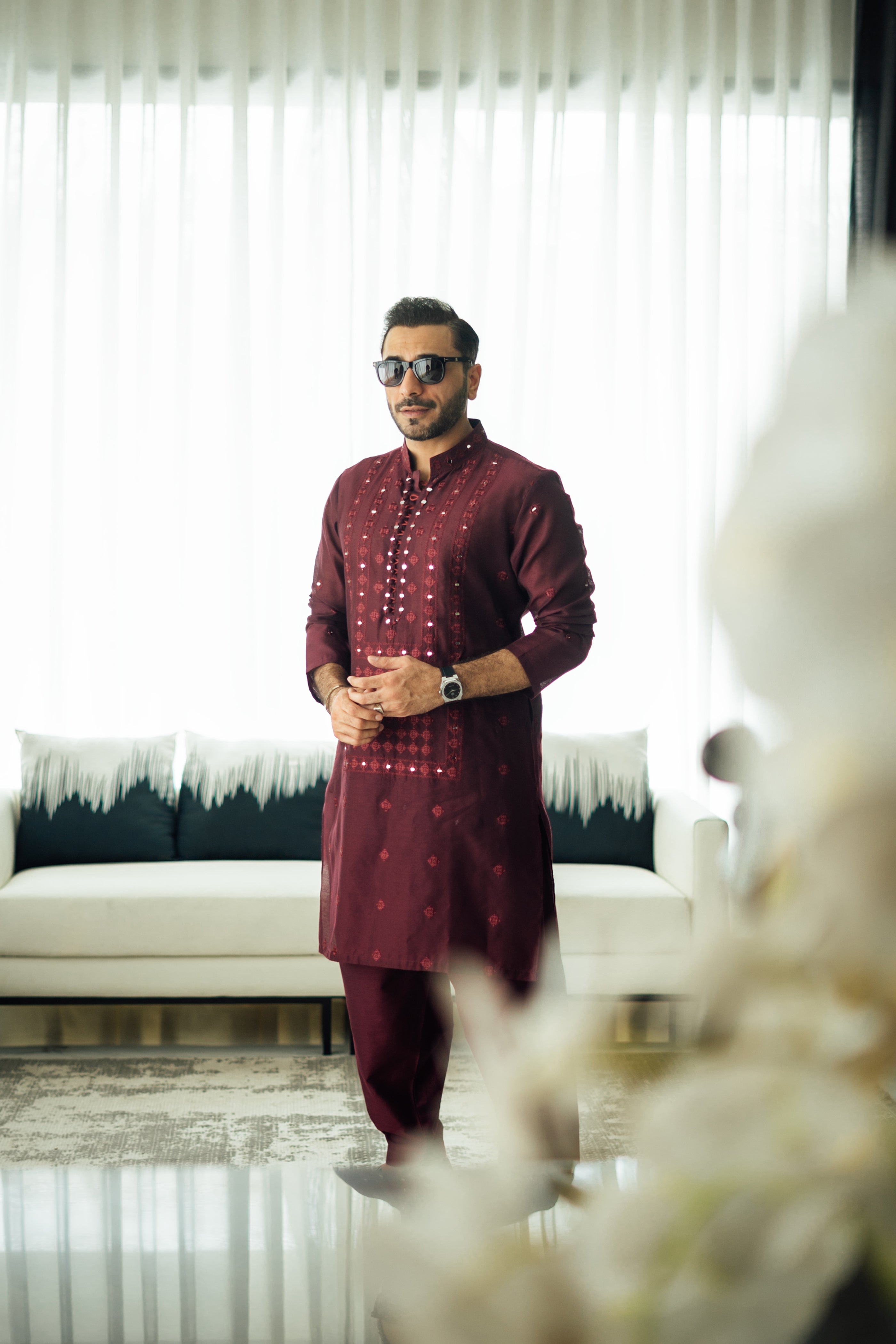 Maroon Mirror Embossed Kurta Shalwar HumayunAlamgir