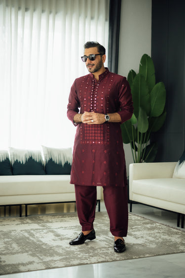 Maroon Mirror Embossed Kurta Shalwar