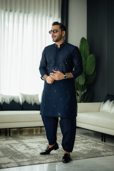 Navy Blue Mirror Embossed Kurta Shalwar