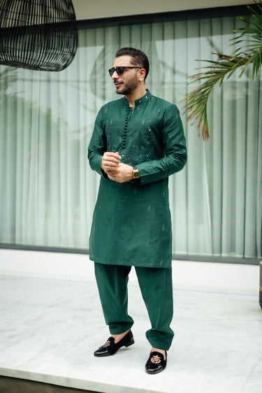 Bottle Green Mirror Embossed Kurta Shalwar