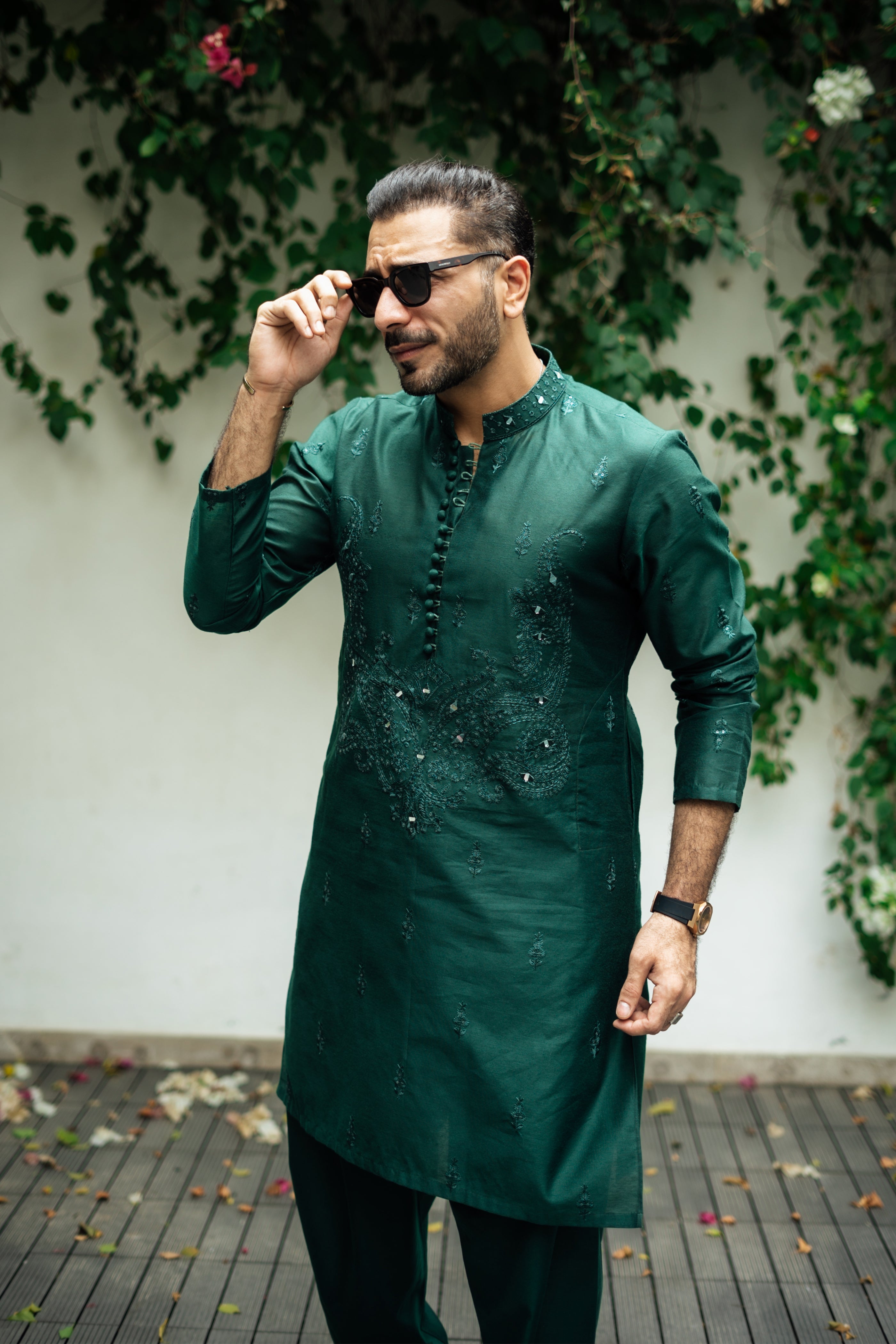 Bottle Green Mirror Embossed Kurta Shalwar HumayunAlamgir