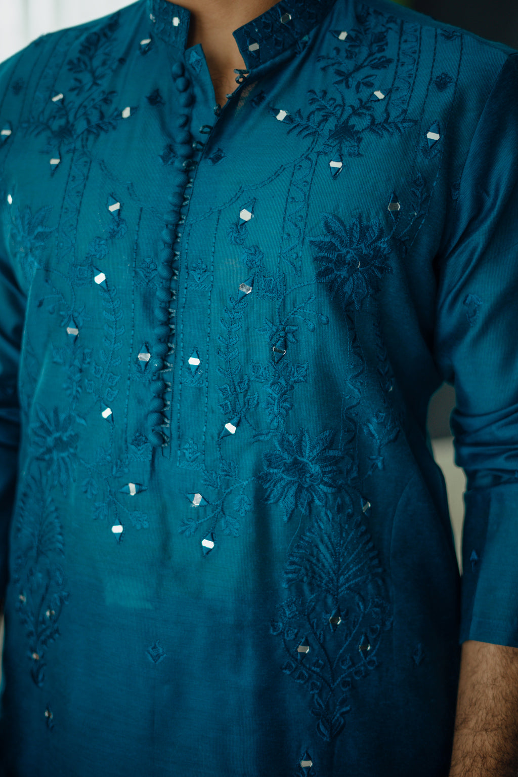 Teal Blue Mirror Embossed Kurta Shalwar HumayunAlamgir