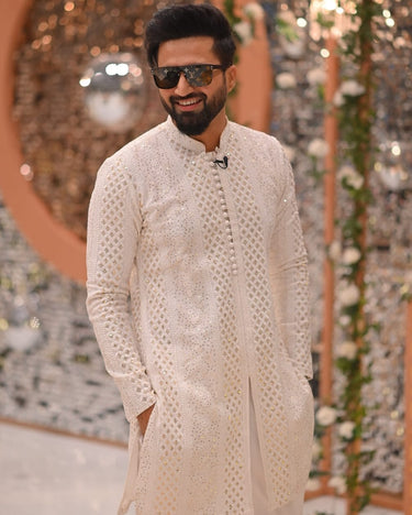 WHITE & GOLD SEQUENCE KURTA PAJAMA Humayunalamgir