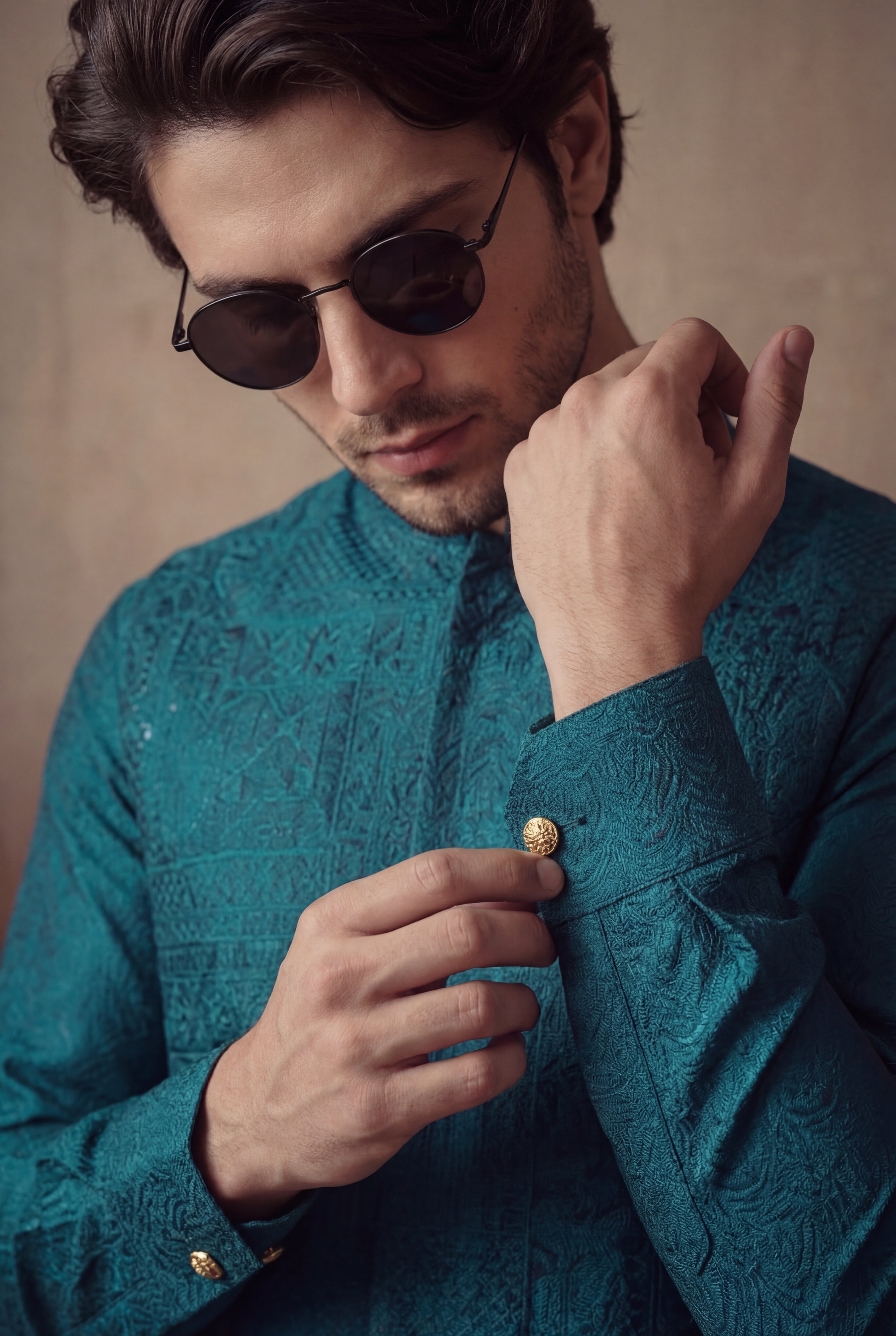 TEAL BLUE EMBOSSED WAISTCOAT Clothing Humayunalamgir
