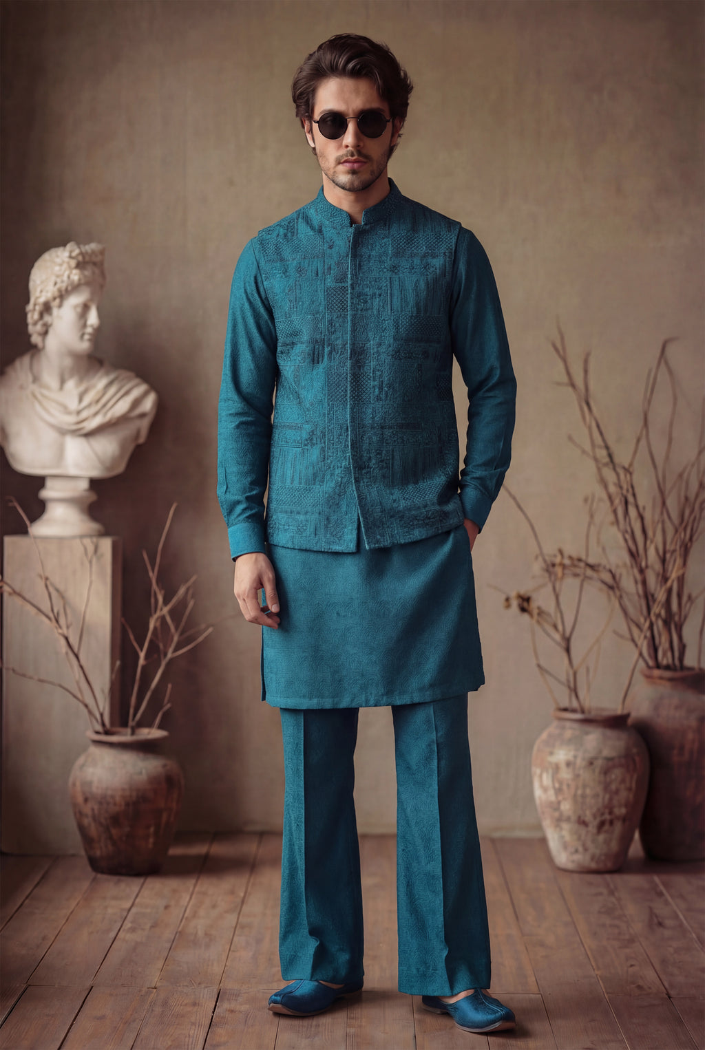 TEAL BLUE EMBOSSED WAISTCOAT Clothing Humayunalamgir