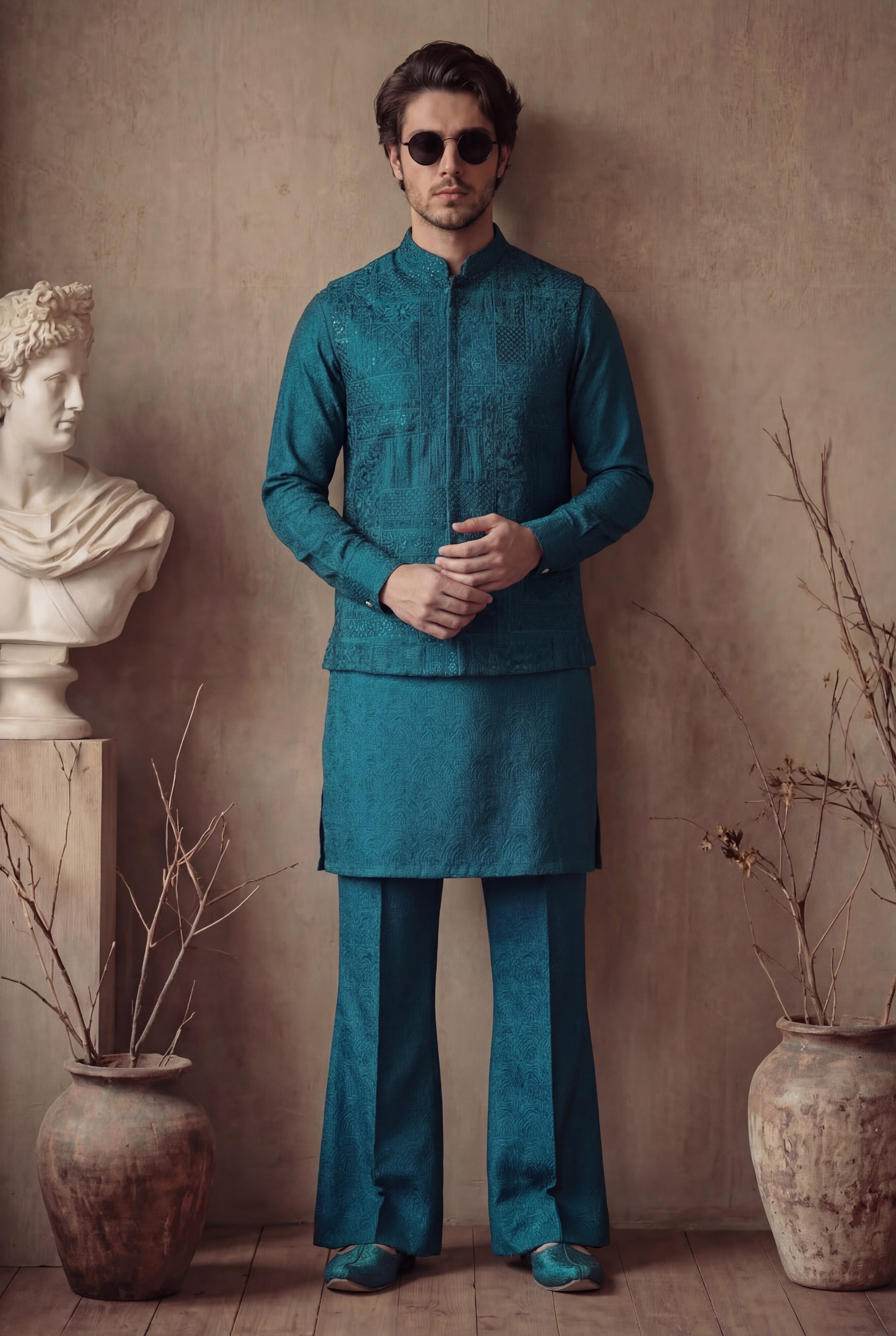 TEAL BLUE EMBOSSED WAISTCOAT Clothing Humayunalamgir