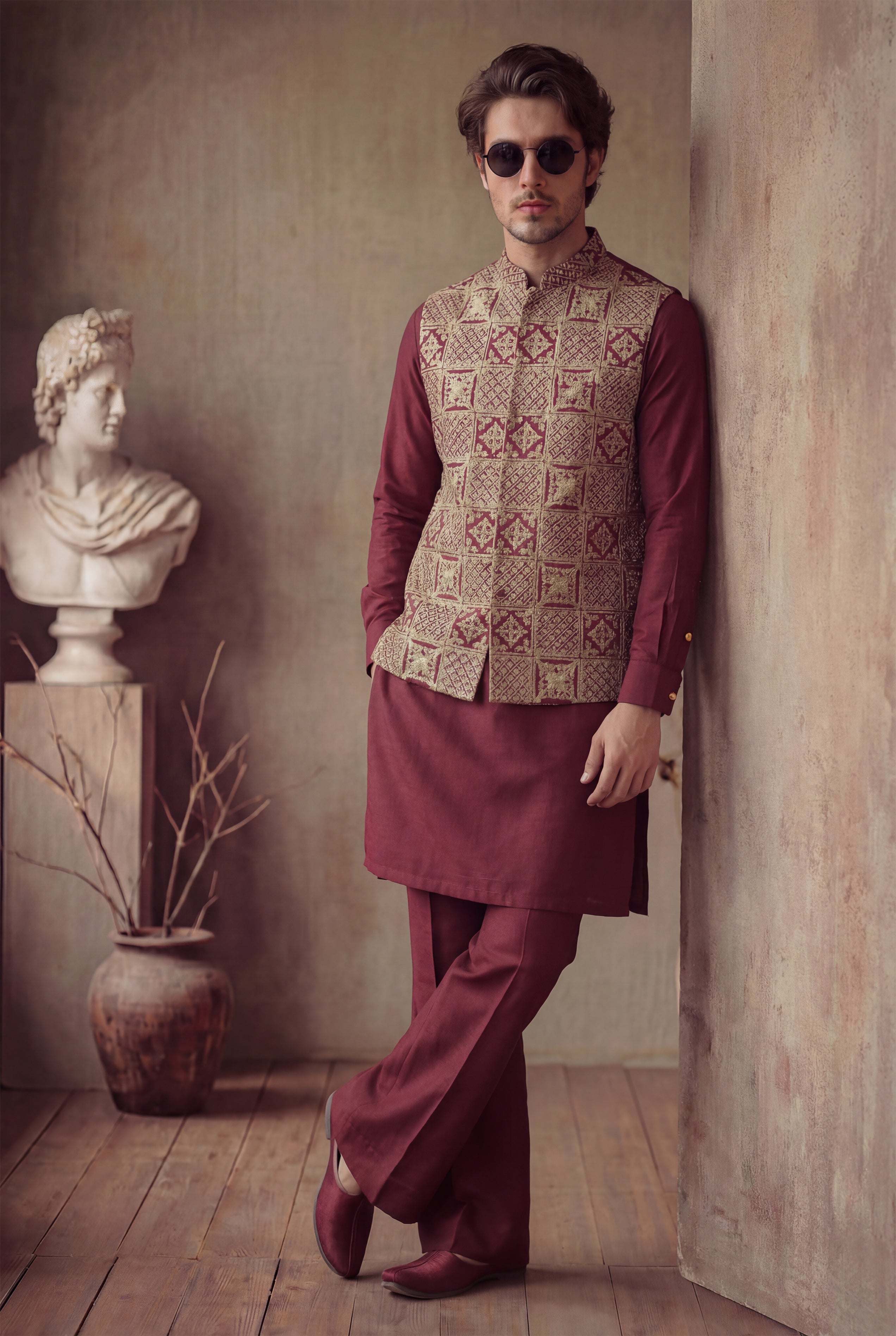 GOLD AND MAROON EMBOSSED WAISTCOAT Clothing Humayunalamgir