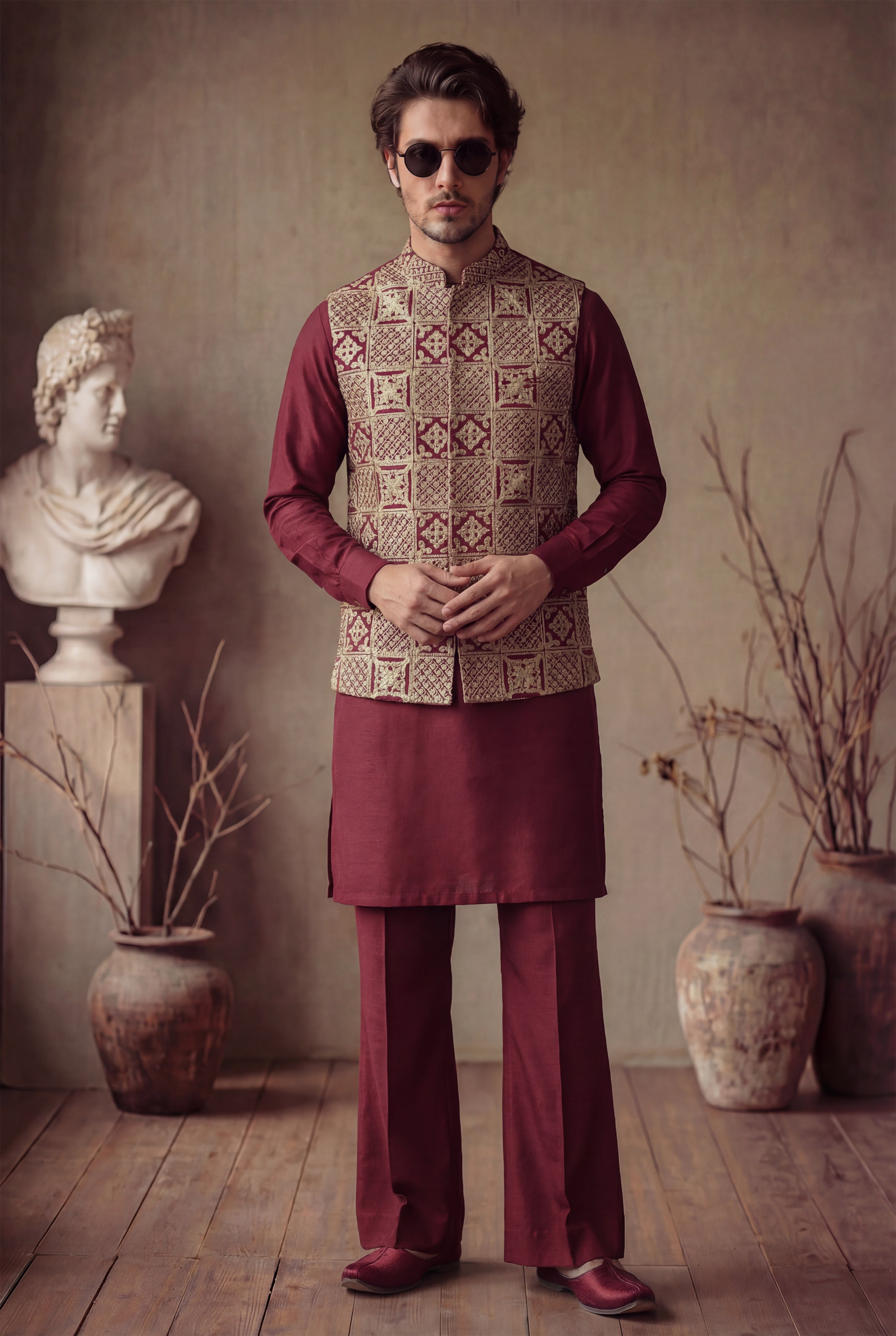 GOLD AND MAROON EMBOSSED WAISTCOAT Clothing Humayunalamgir