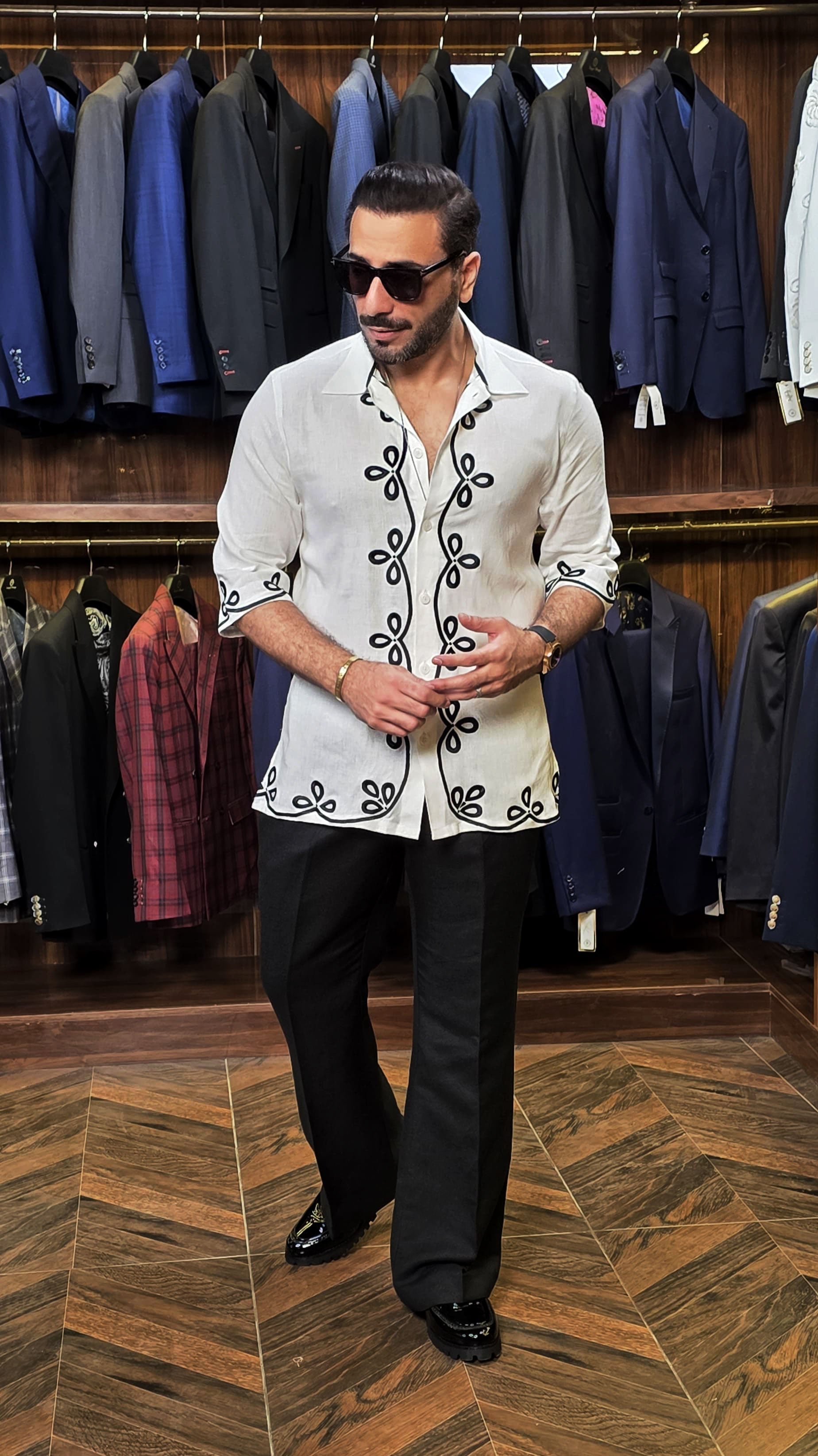 White and Black Embriodery Shirt Humayunalamgir